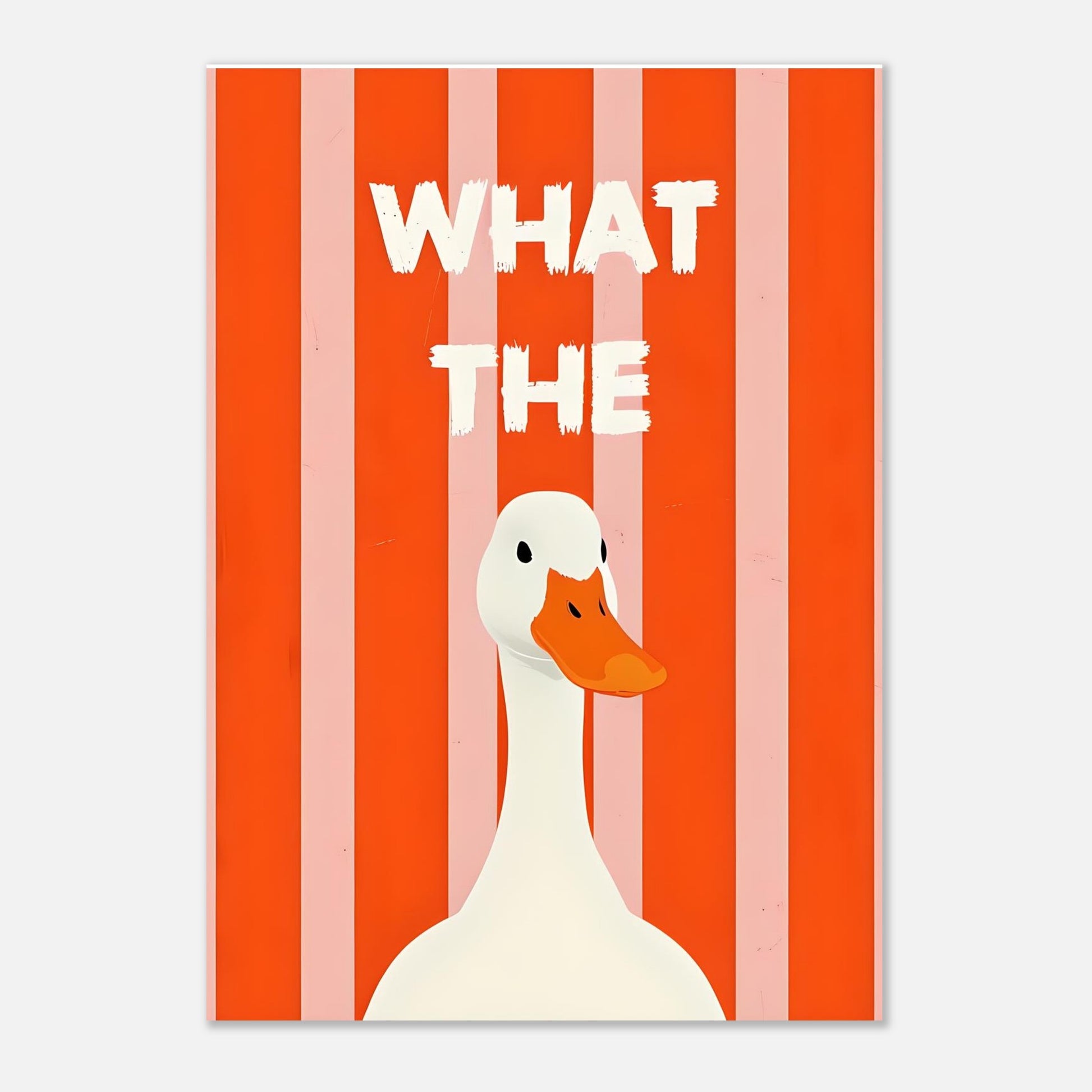 Cartoon duck with 'WHAT THE' text on a striped background