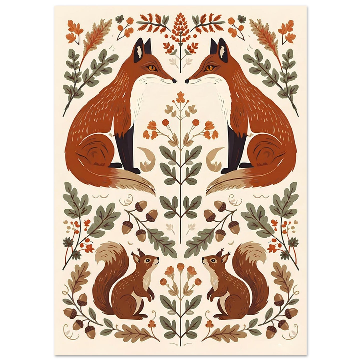 Close-up of Foxes & Ferns woodland wall art featuring red foxes, acorns, ferns and decorative folk art elements.