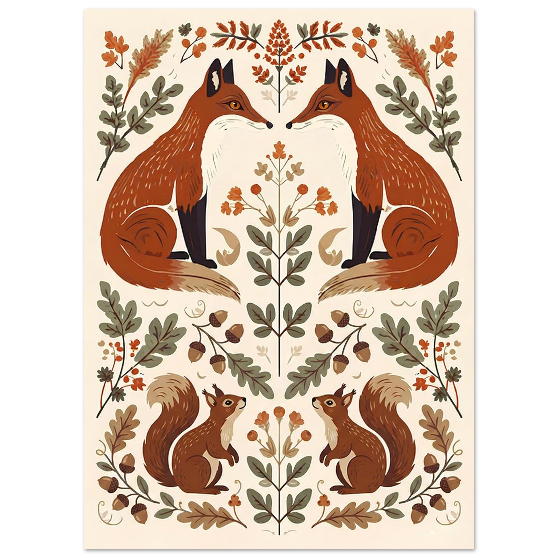 Close-up of Foxes & Ferns woodland wall art featuring red foxes, acorns, ferns and decorative folk art elements.