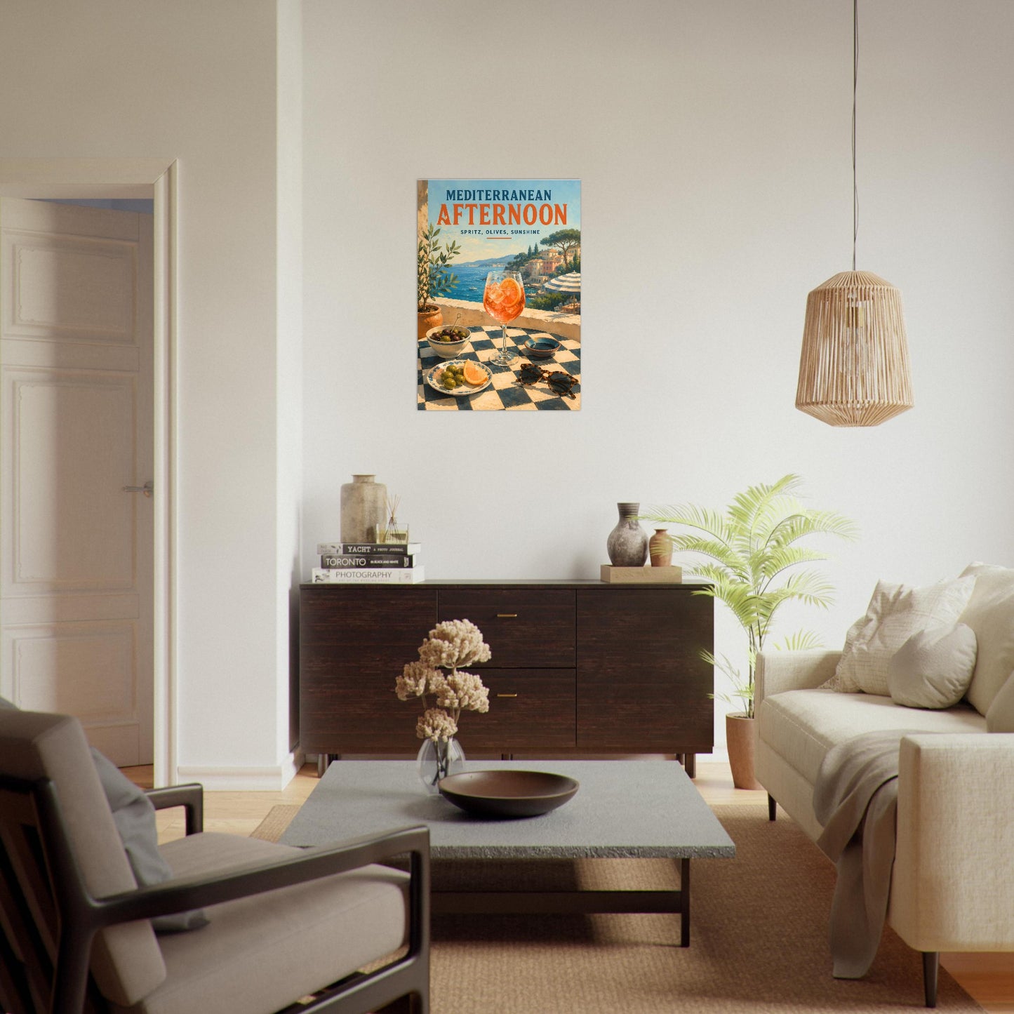 Mediterranean travel poster hanging above a sofa in a bright sunlit living space