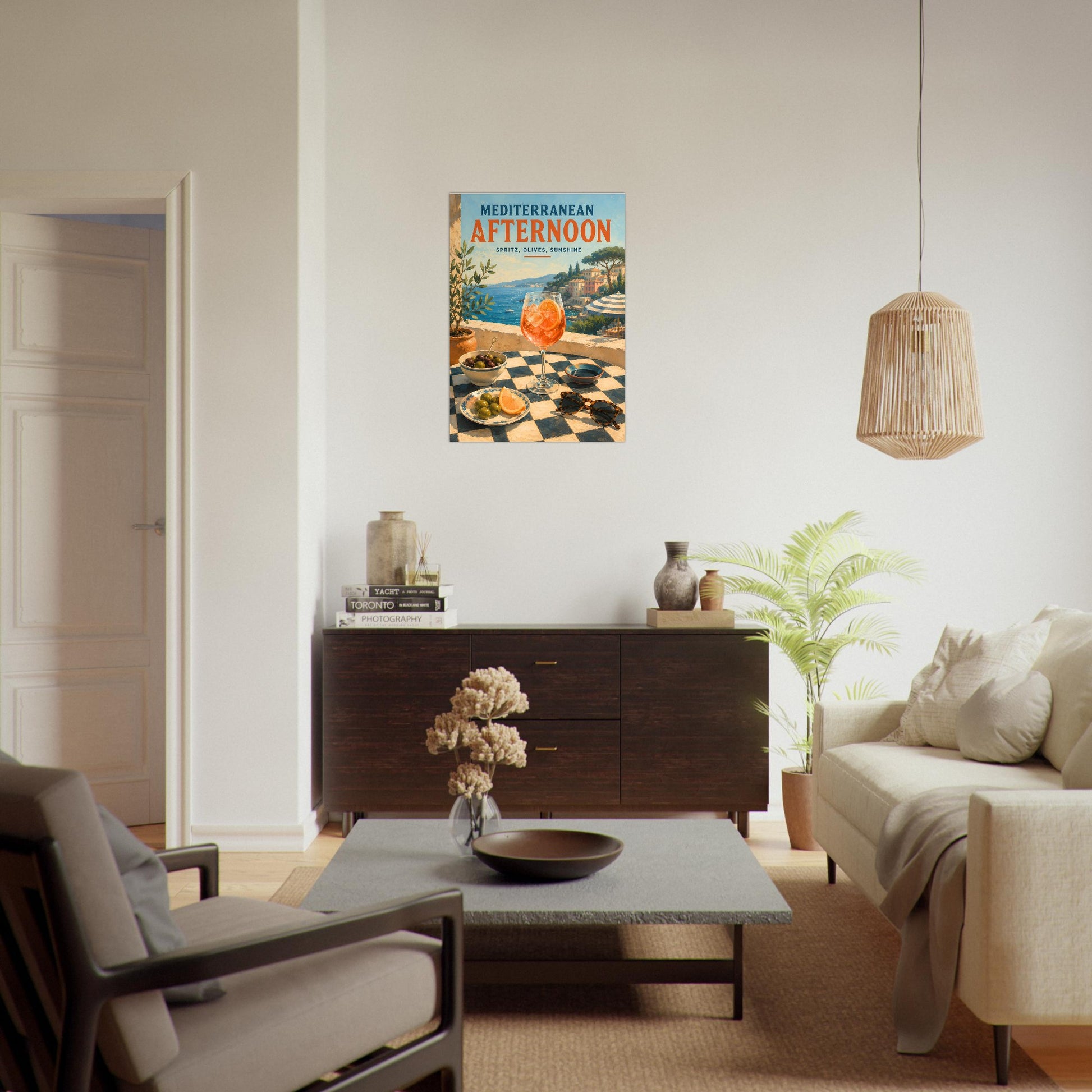 Mediterranean travel poster hanging above a sofa in a bright sunlit living space