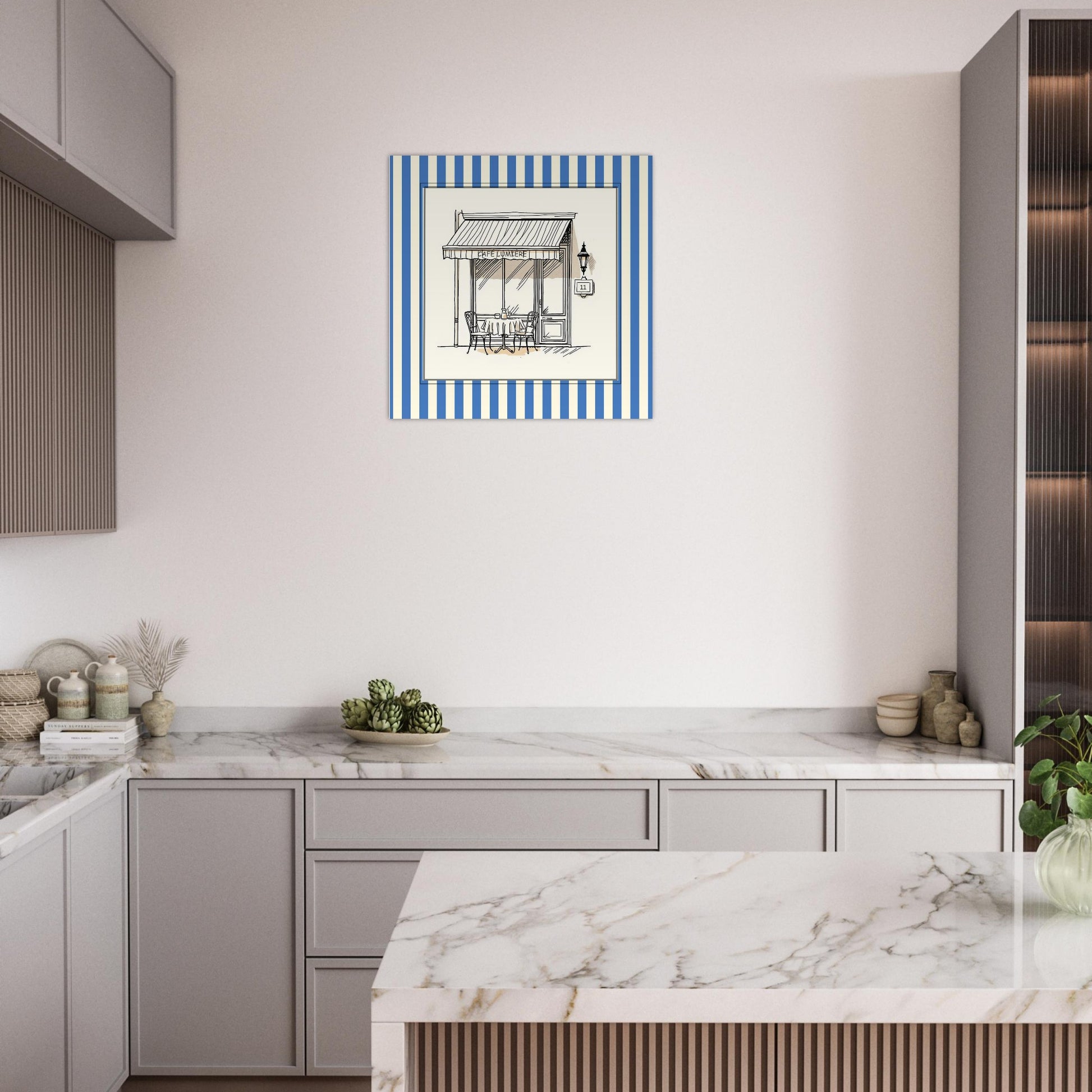 Blue striped French café art print displayed in modern kitchen