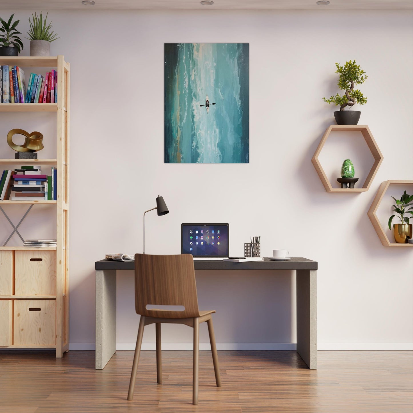 Modern home office with a desk, chair, and Turquoise ocean kayak wall art