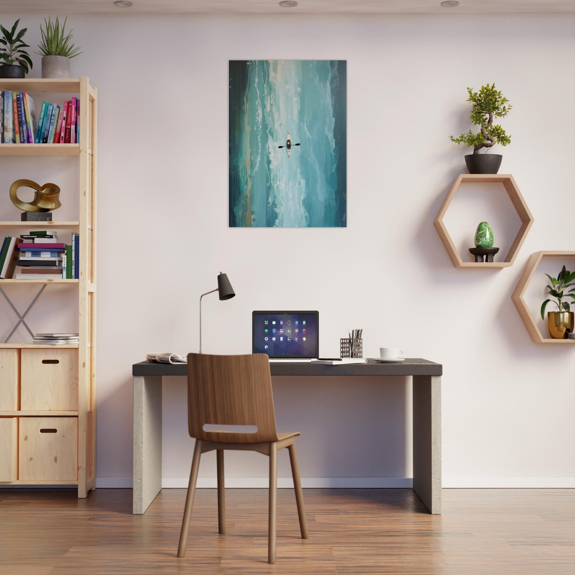 Modern home office with a desk, chair, and Turquoise ocean kayak wall art