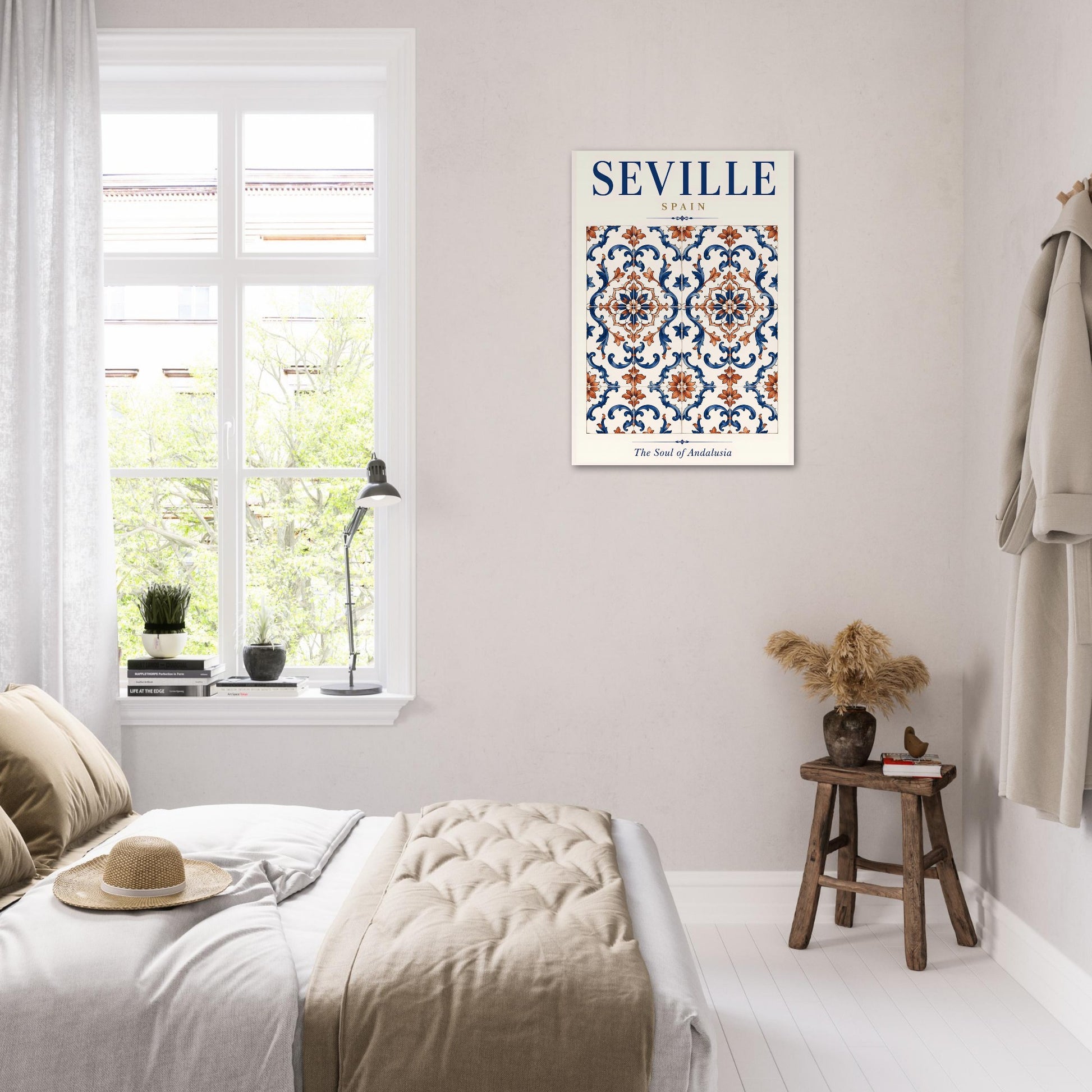 Seville wall art displayed above a bed in a calm neutral bedroom with soft natural tones.