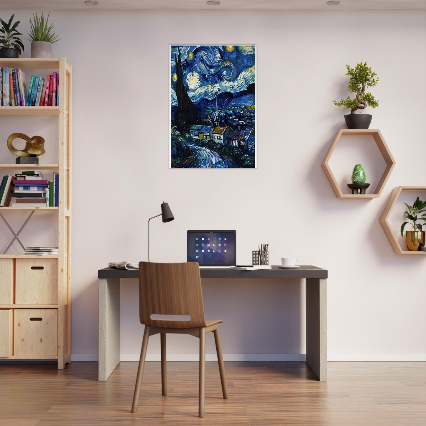 Modern home office with a desk, chair, and wall art of 'Starry Night'.