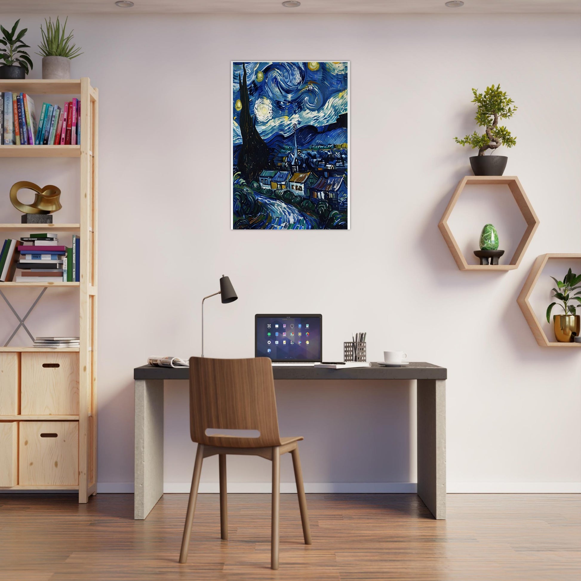 Modern home office with a desk, chair, and wall art of 'Starry Night'.