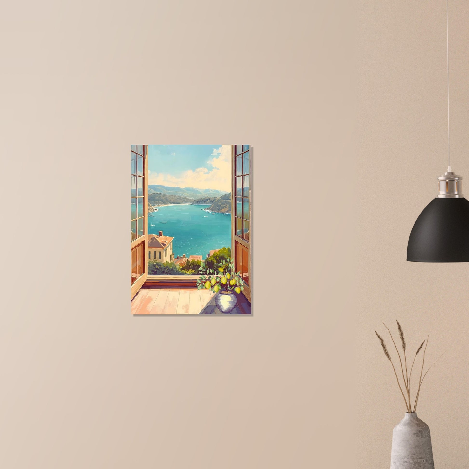 Canvas print of a scenic view with a house and lake, hanging on a beige wall.