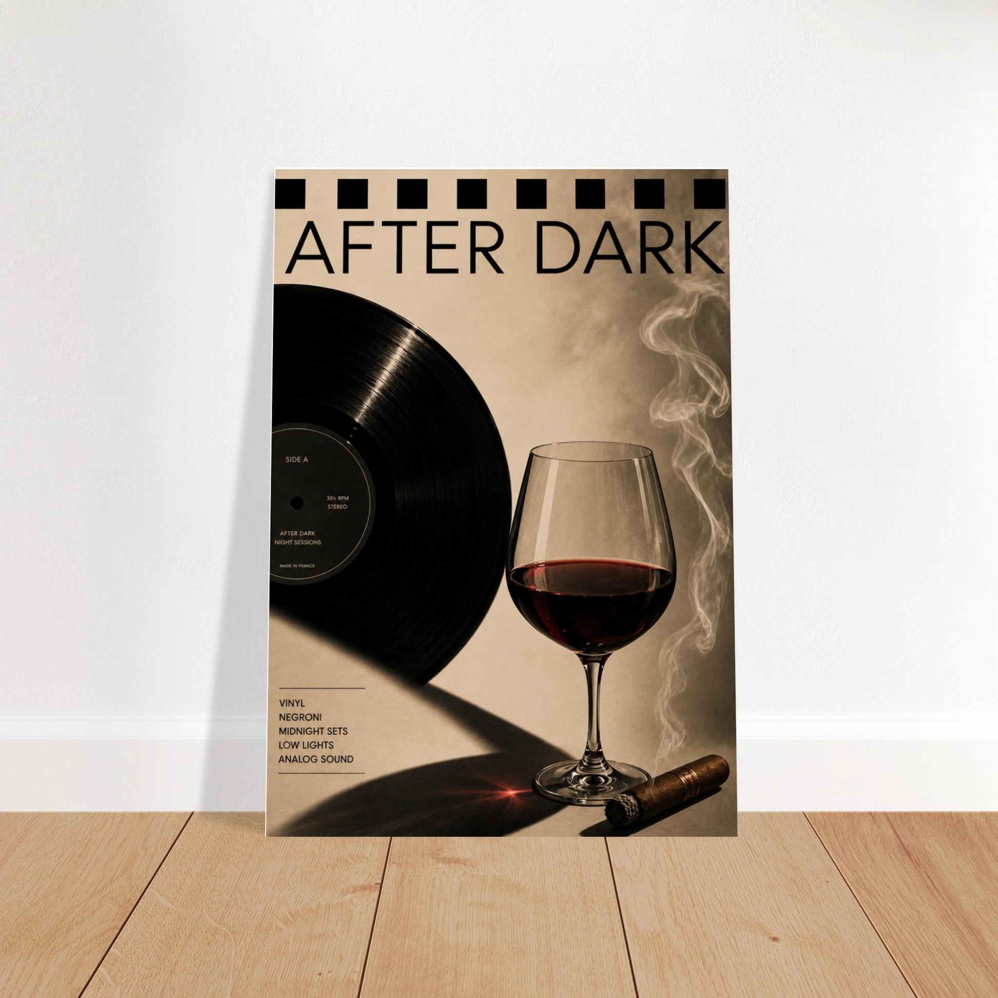 Poster with a glass of red wine, vinyl record, and cigar on a beige background with 'After Dark' text.