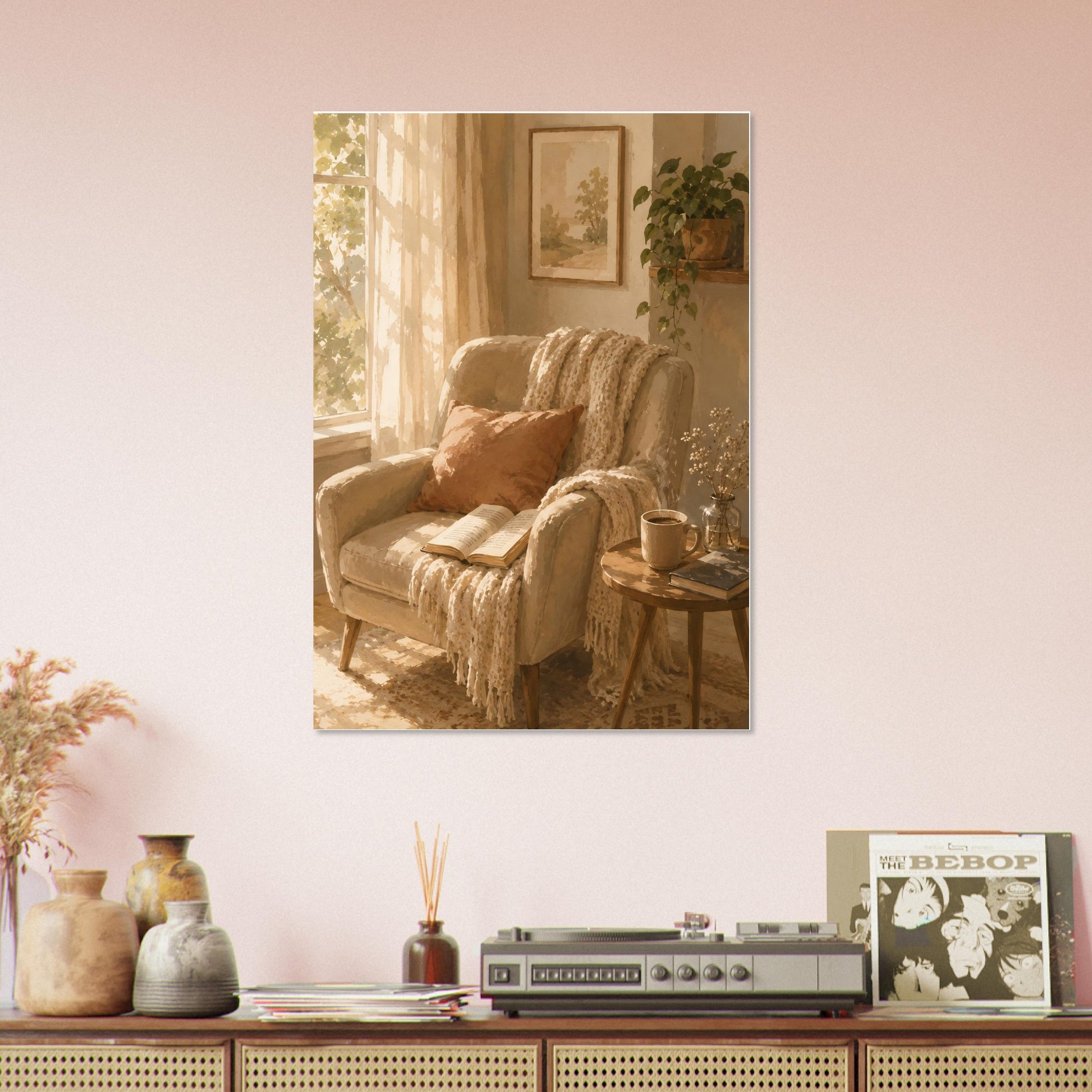 Warm watercolor reading corner poster styled in soft blush minimalist living room interior
