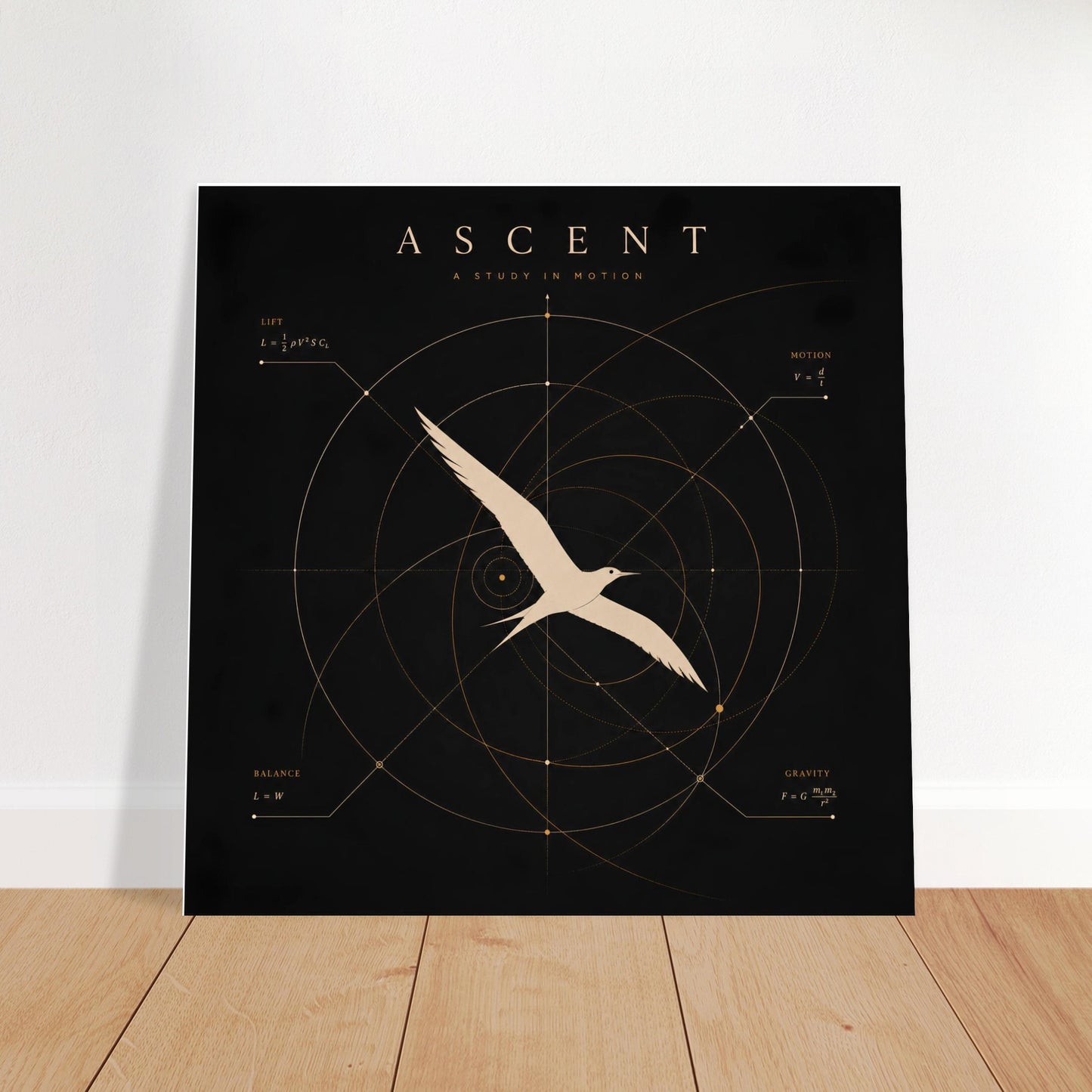 Minimalist bird wall art with geometric flight illustration displayed in a bright contemporary living room.