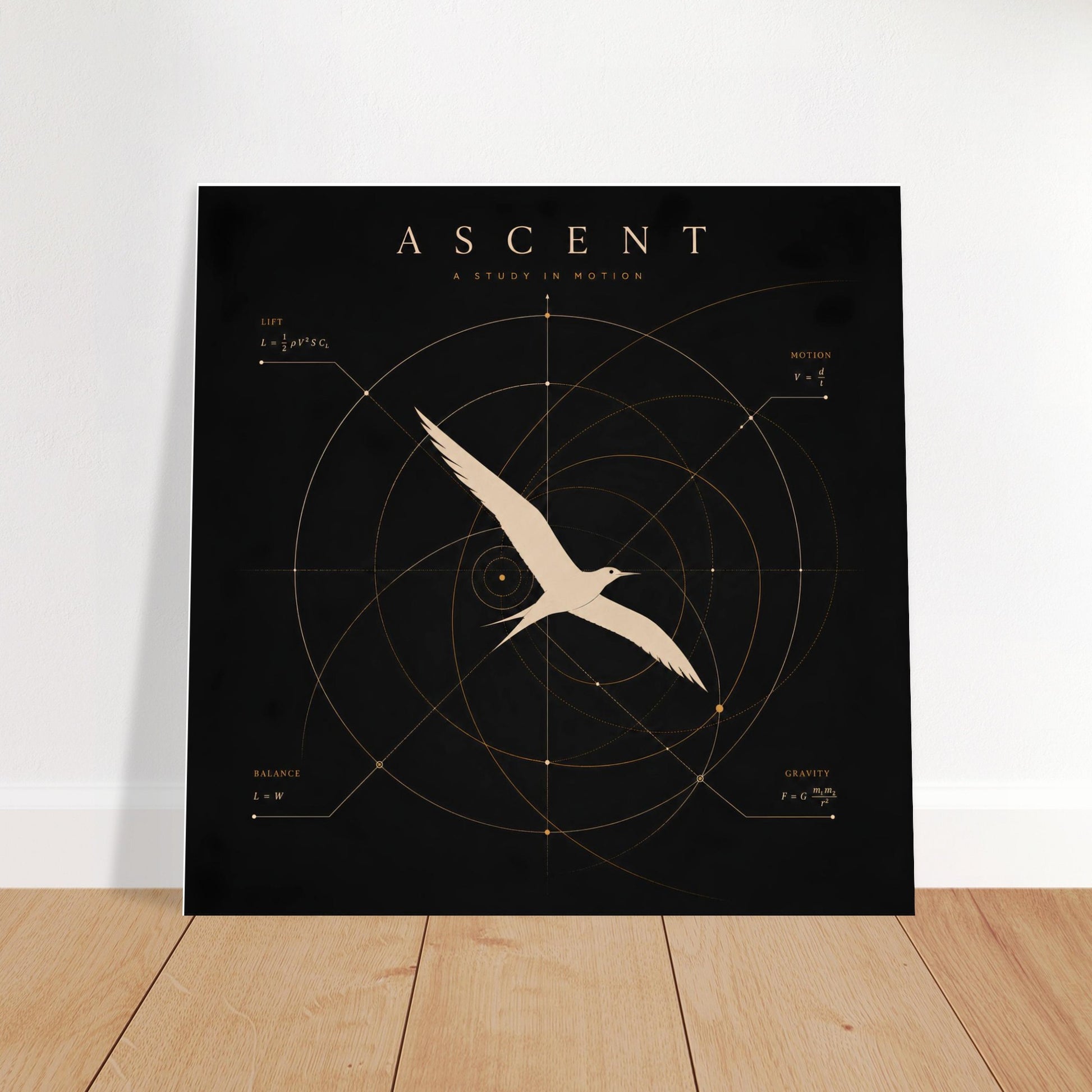 Minimalist bird wall art with geometric flight illustration displayed in a bright contemporary living room.