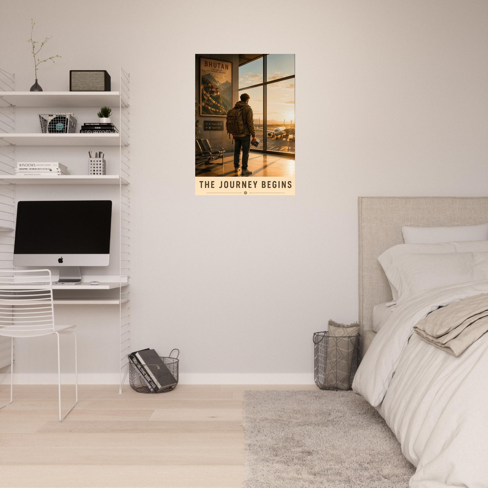 Modern bedroom with a desk, computer, and 'The Journey Begins' poster on the wall.