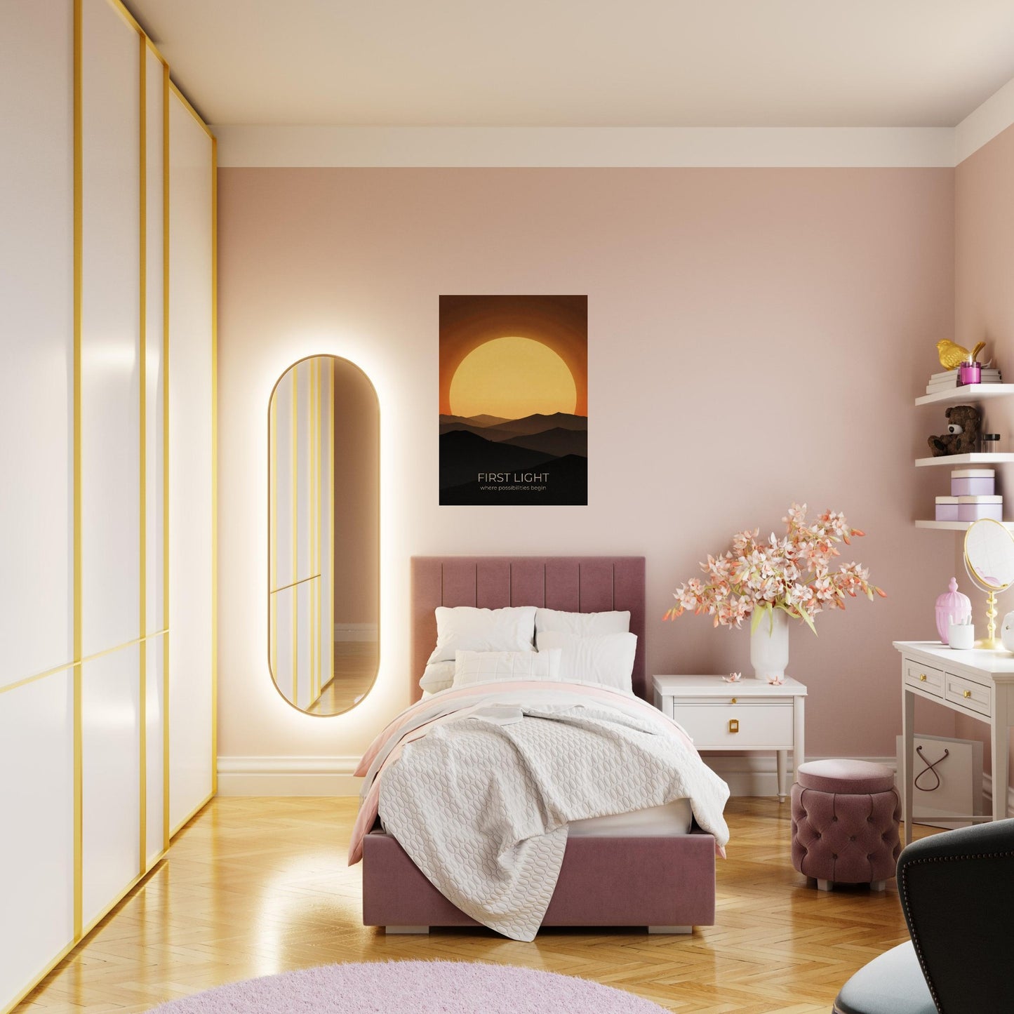 Sun wall art displayed above a bed in a bright bedroom, featuring a large rising sun and peaceful mountain silhouettes.