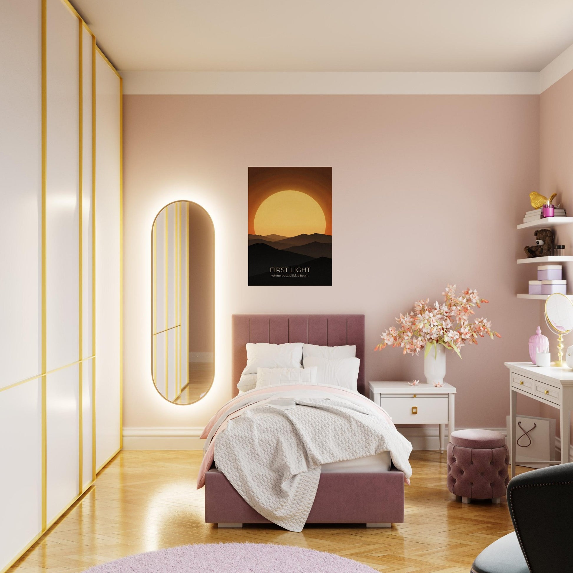 Sun wall art displayed above a bed in a bright bedroom, featuring a large rising sun and peaceful mountain silhouettes.