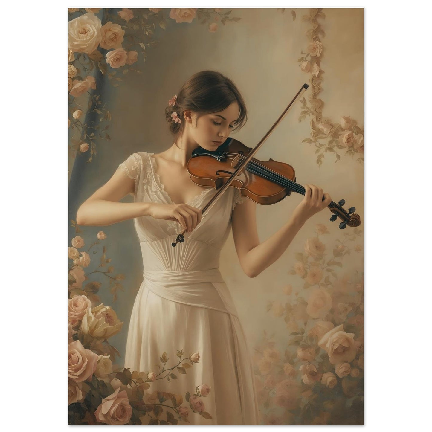 Woman playing violin with floral background