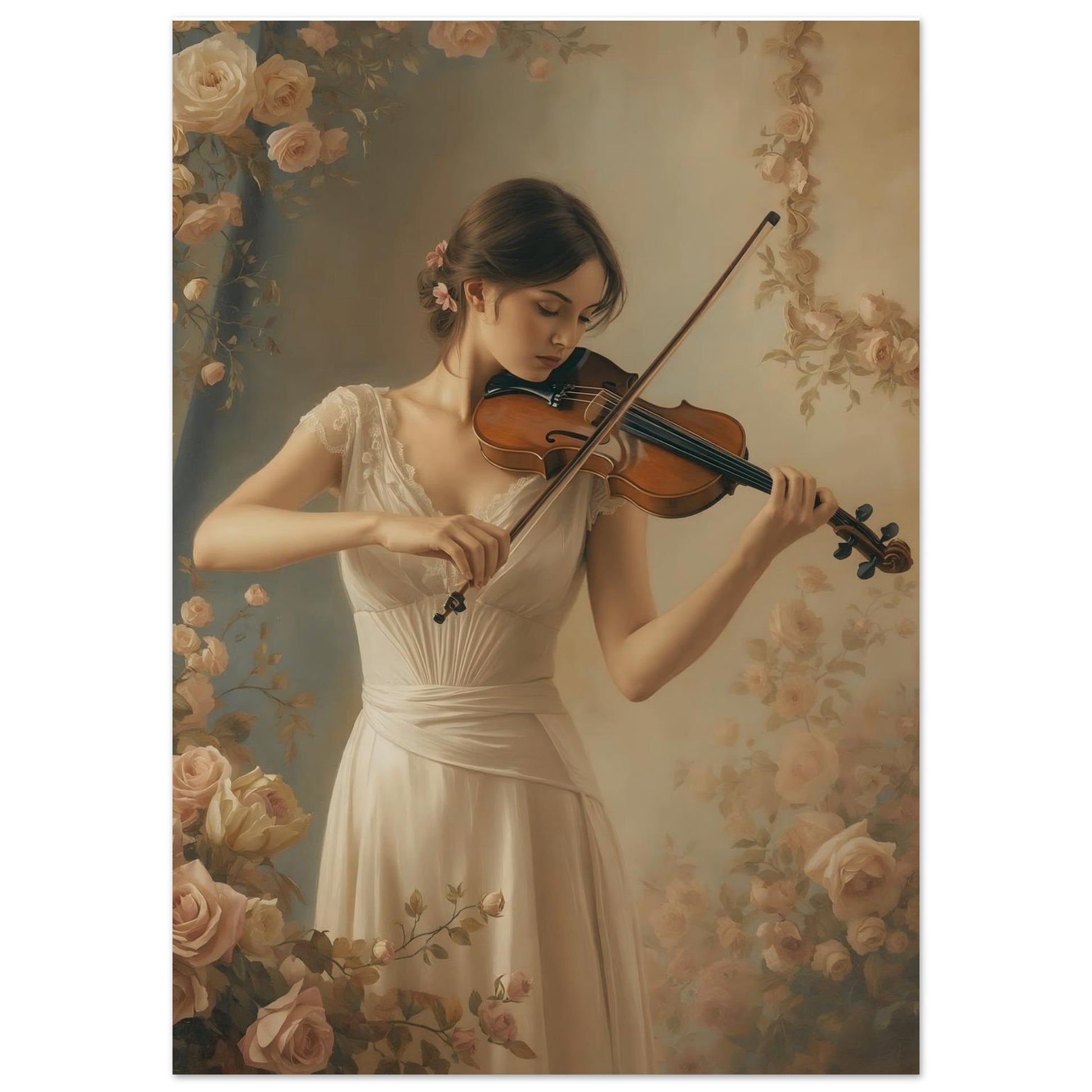 Woman playing violin with floral background