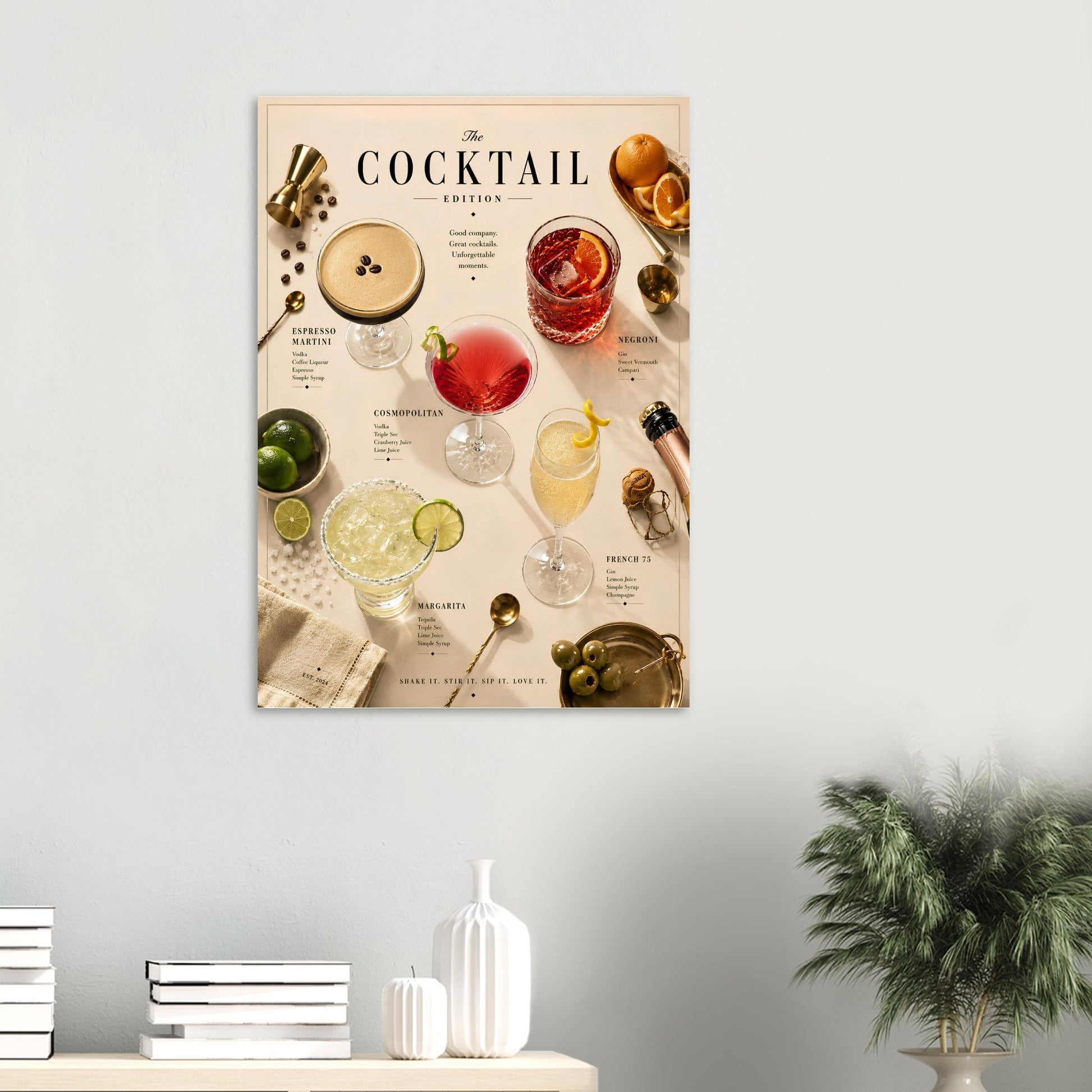 Cocktail-themed poster on a wall with decor elements below
