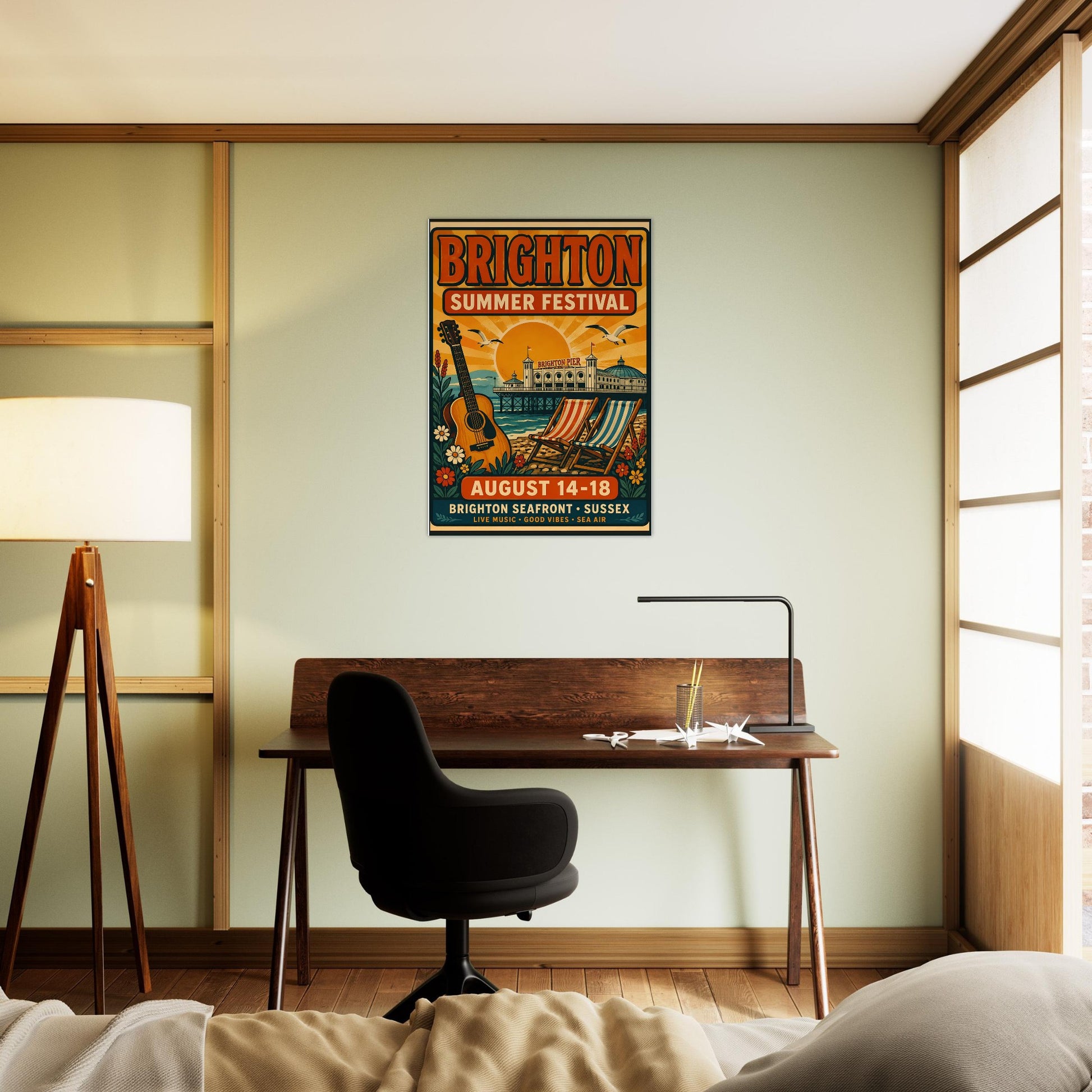 Room interior with a desk, chair, and 'Brighton Summer Festival' poster on the wall.