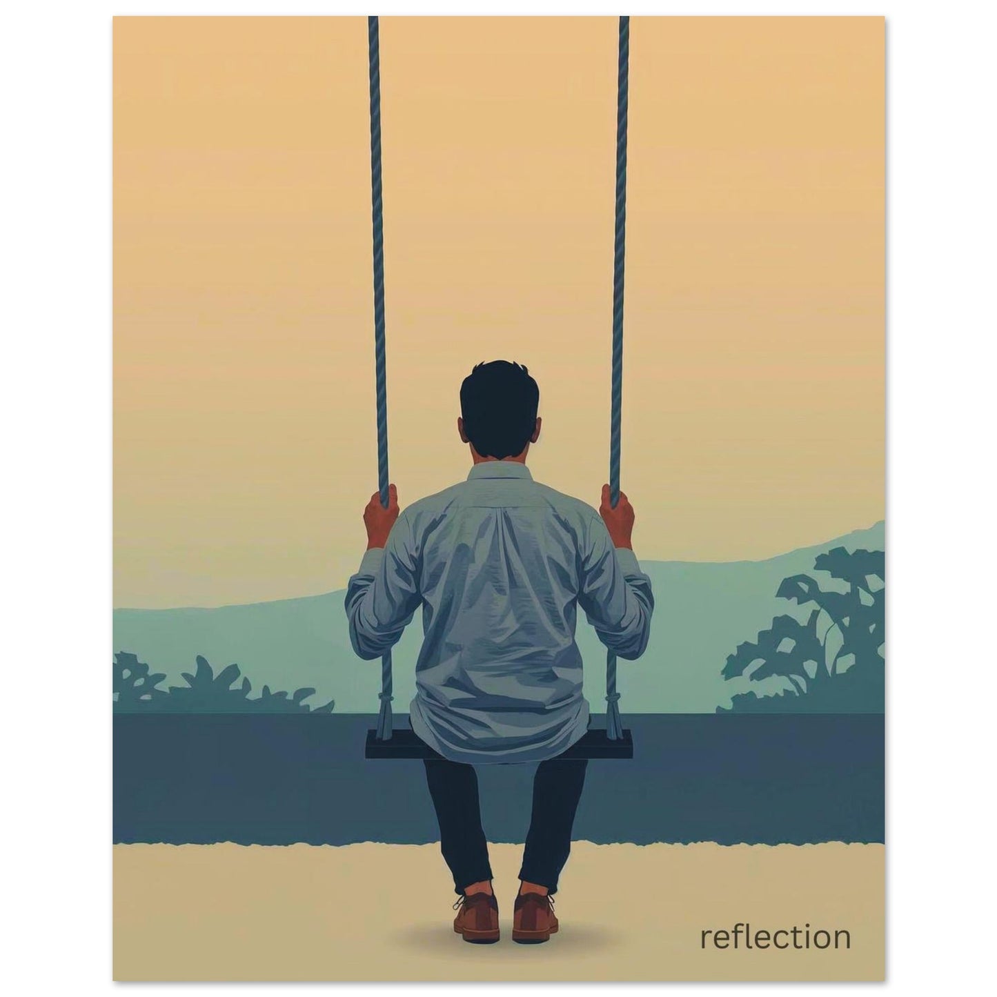 Illustration of a person sitting on a swing with a scenic background and 'reflection' text.