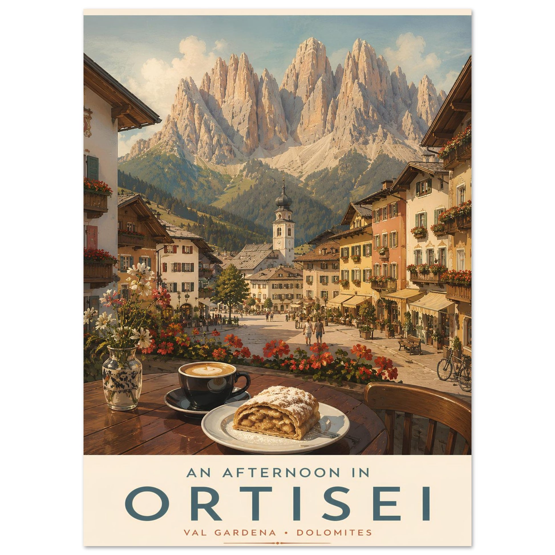 Close-up of the Ortisei travel poster featuring flower-filled alpine streets, café culture and the dramatic peaks of the Dolomites in northern Italy