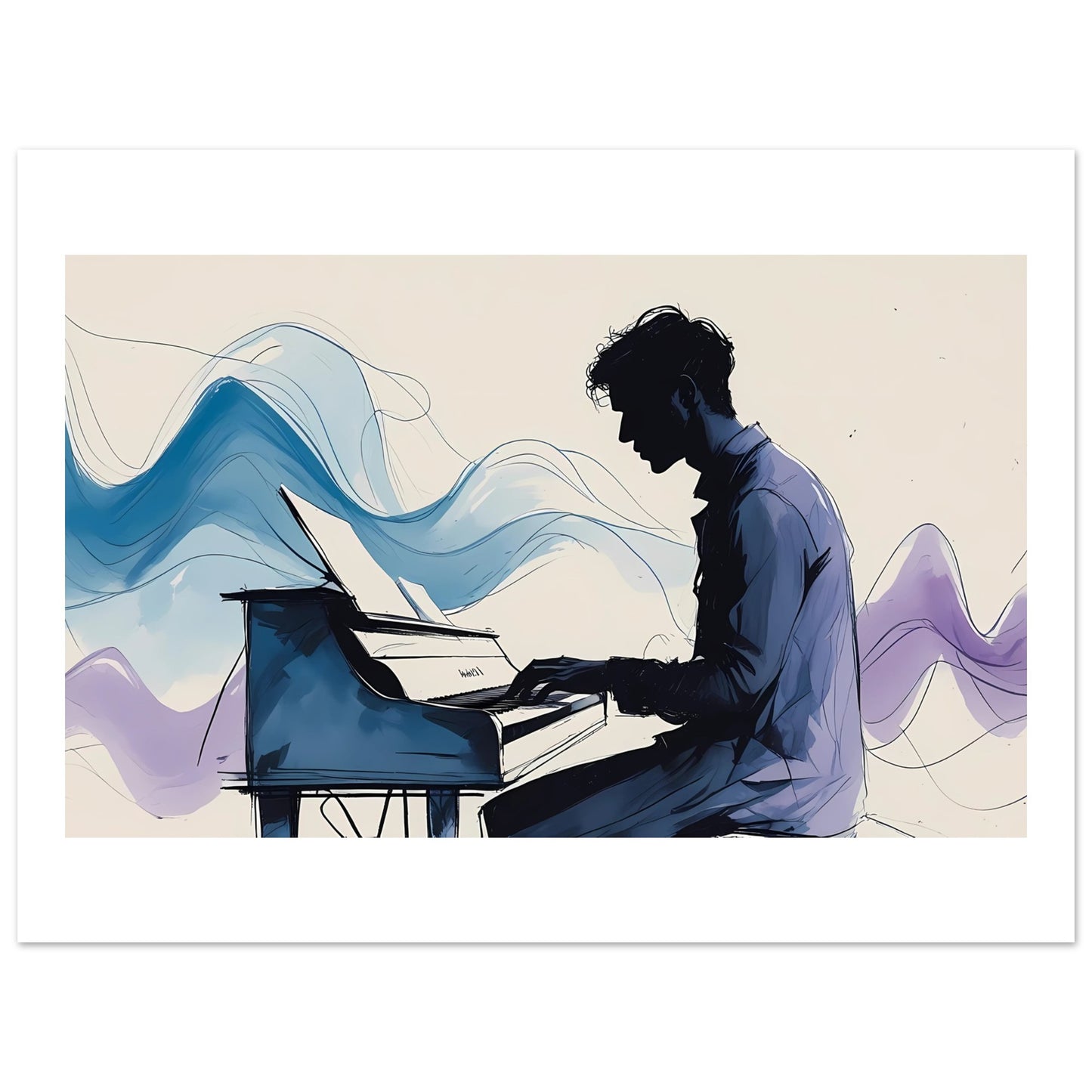 Artistic illustration of a person playing a piano with abstract blue and purple waves in the background.