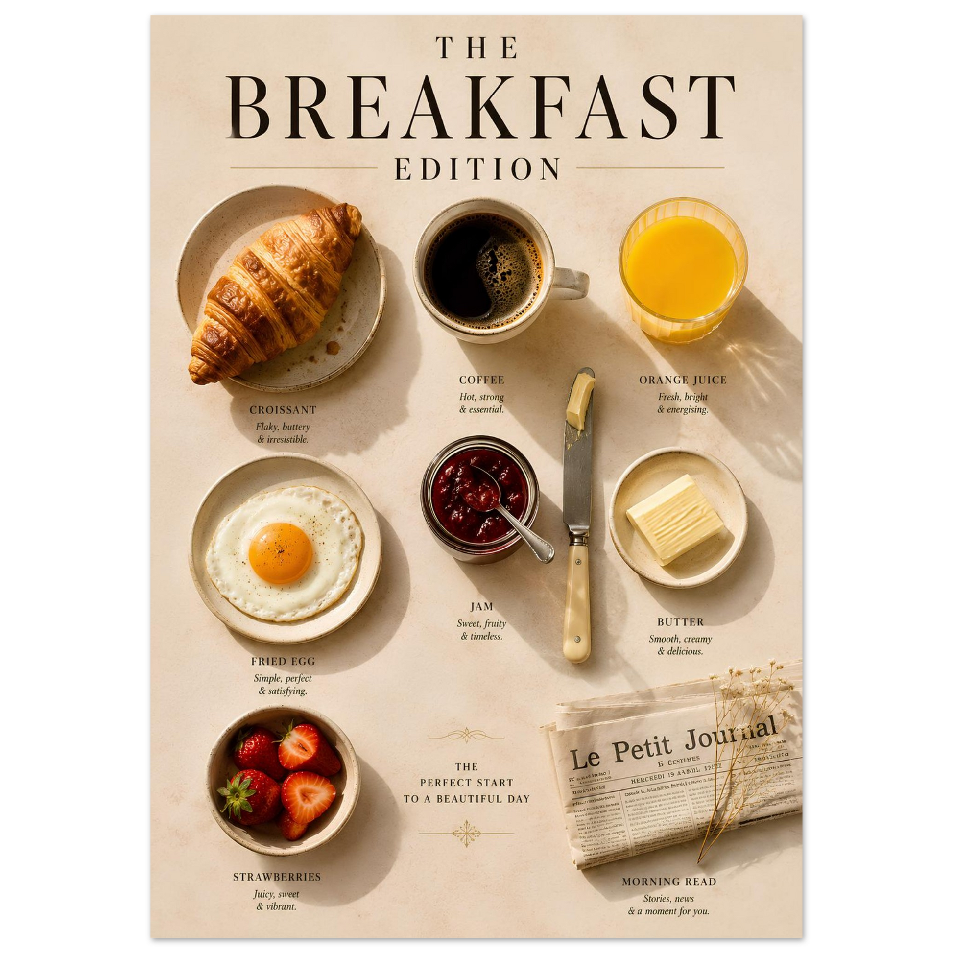 Breakfast Edition Poster displayed in a contemporary dining area with natural light and breakfast-themed wall art.