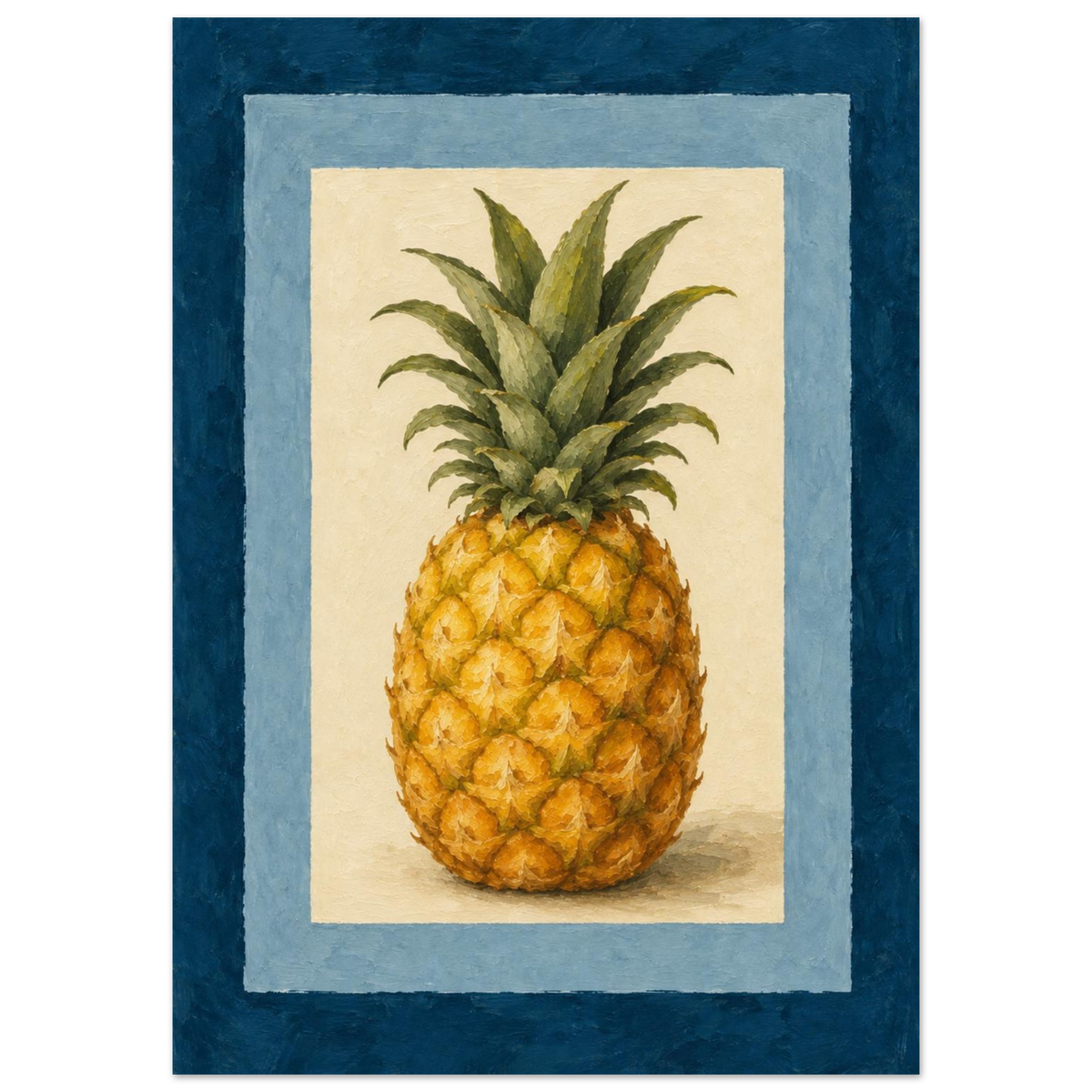 A framed-style art print featuring a whole pineapple centered on a cream background, surrounded by a light blue inner border and a dark navy outer border.