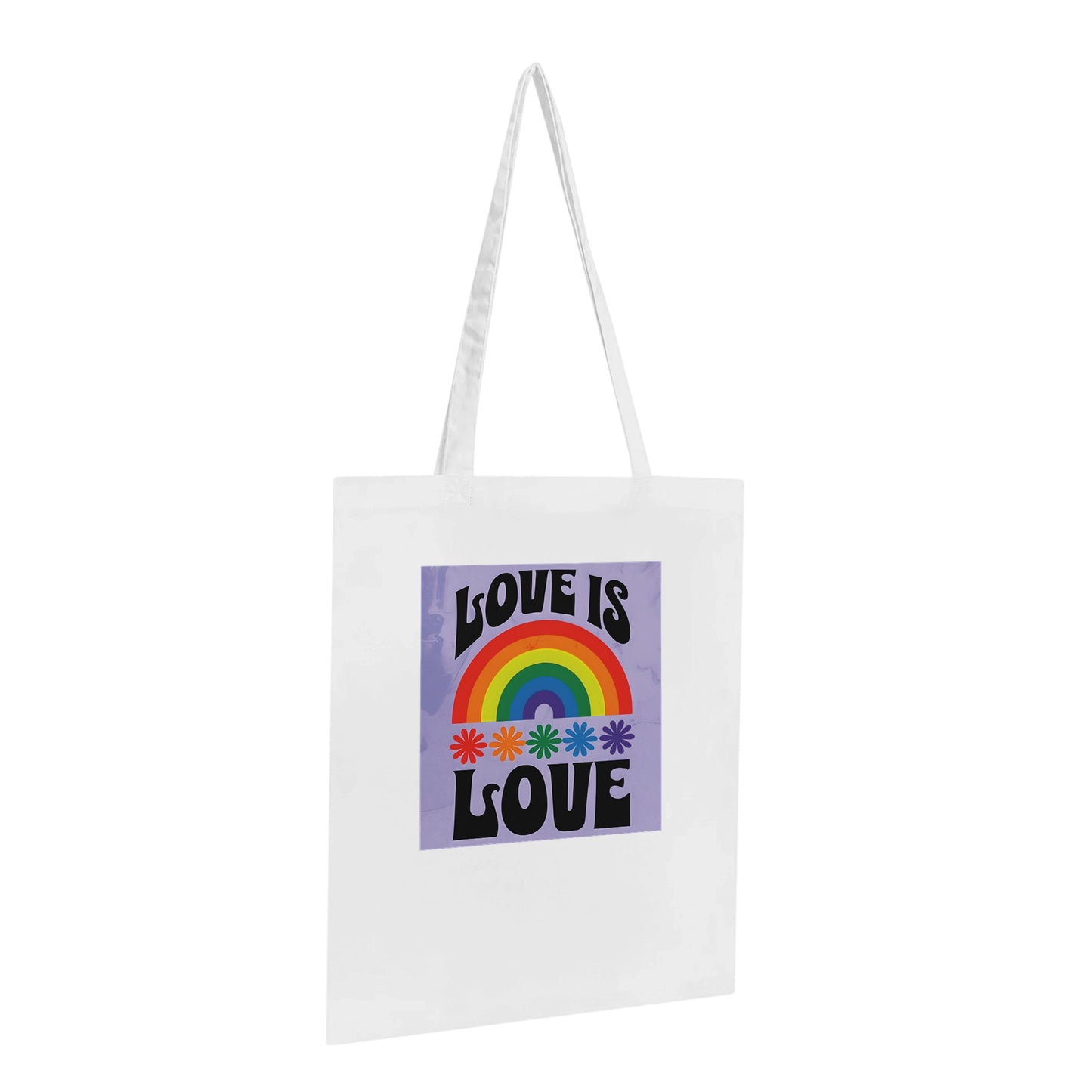 Tote bag with 'Love is Love' and rainbow design on a white background