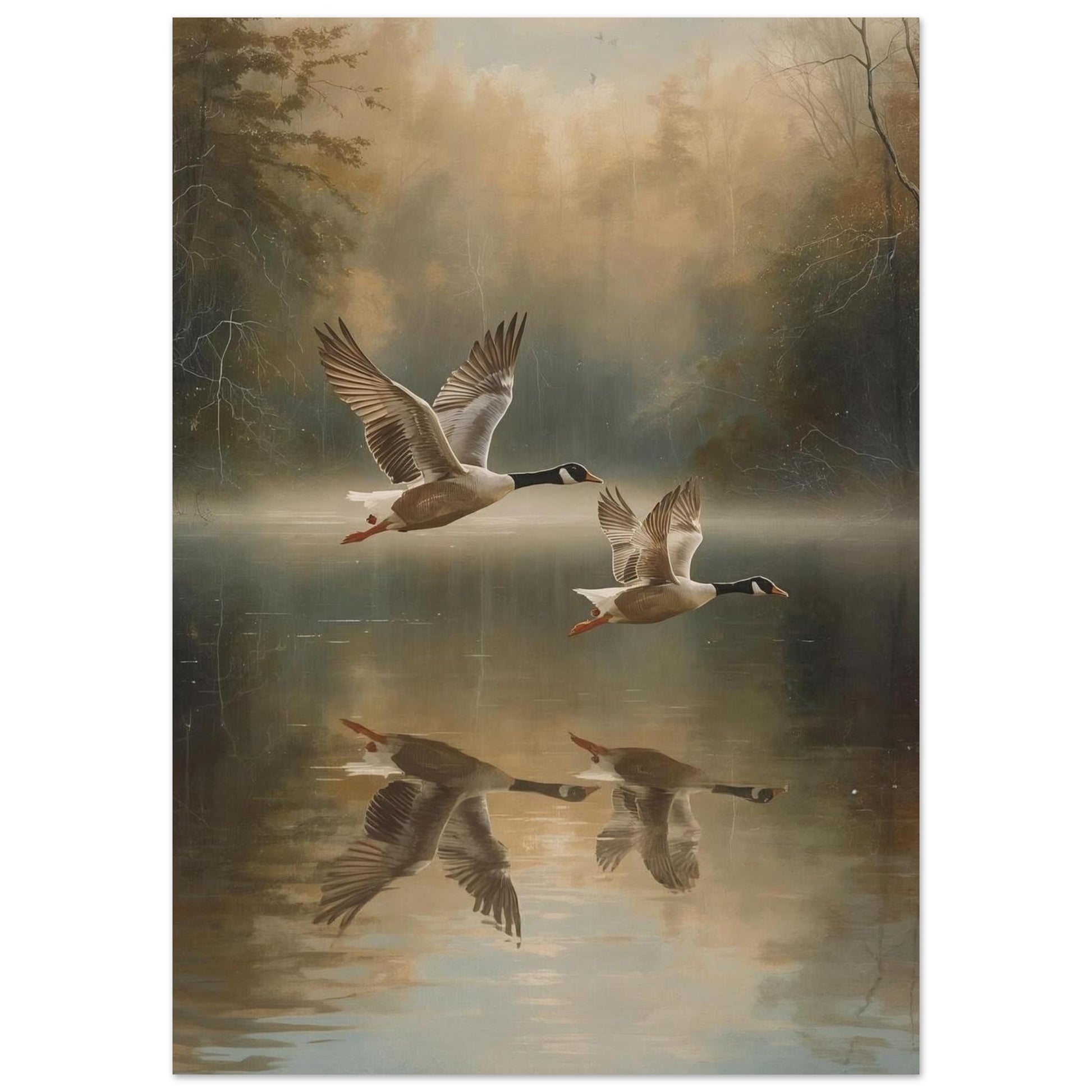 Poster of Two geese flying over a reflective lake with a misty forest background