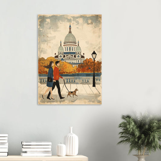 Poster of a couple walking a dog in an autumn setting with a cathedral in the background, displayed on a wall.