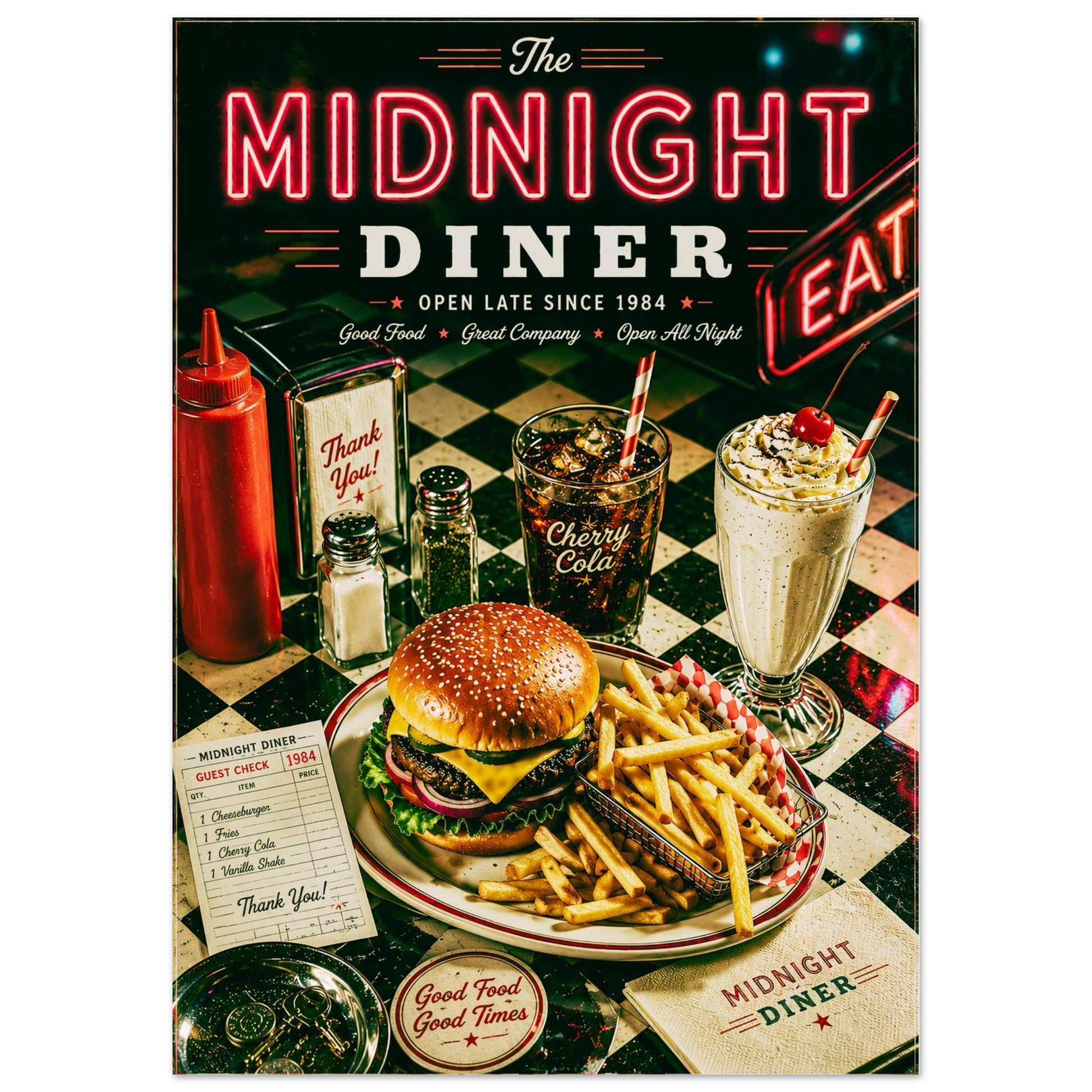 Vintage Americana wall art featuring classic diner food, checkerboard décor and nostalgic neon lighting