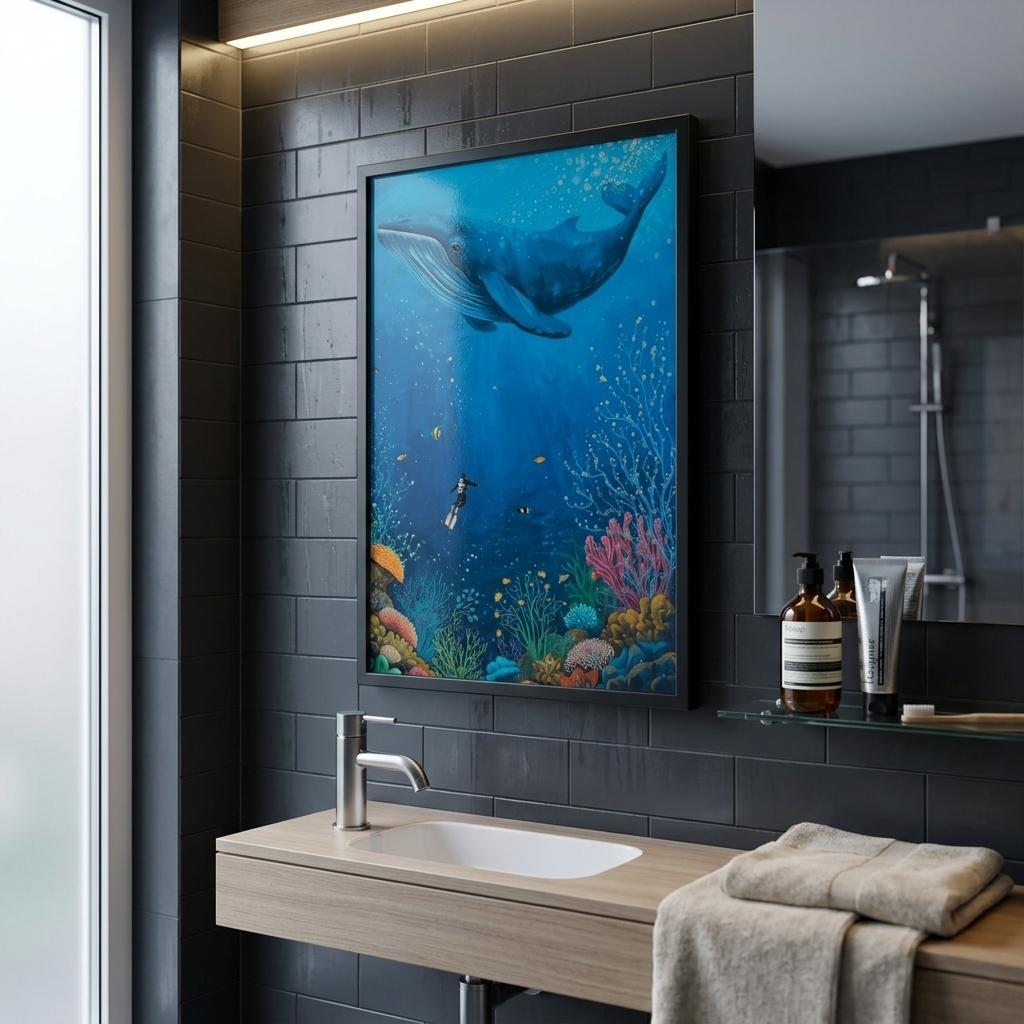 Bathroom with a framed whale underwater scene poster on the wall, sink, and towels.