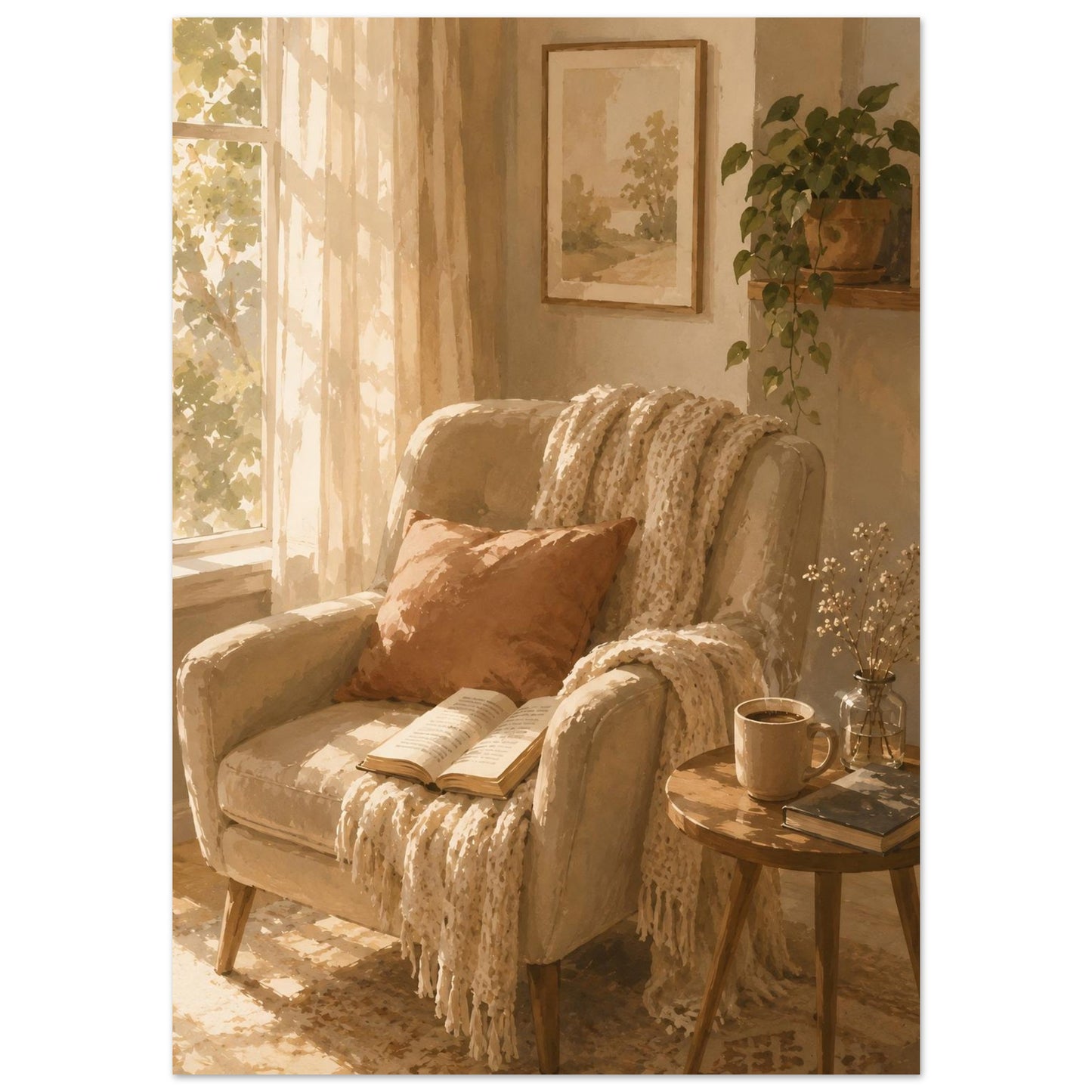 Cozy armchair and coffee watercolor poster styled in bright warm-toned reading corner interior