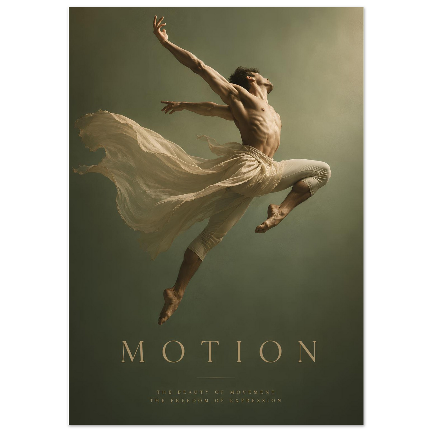 Motion contemporary dancer poster displayed in a modern interior, featuring a male dancer suspended mid-air against a soft sage green background.
