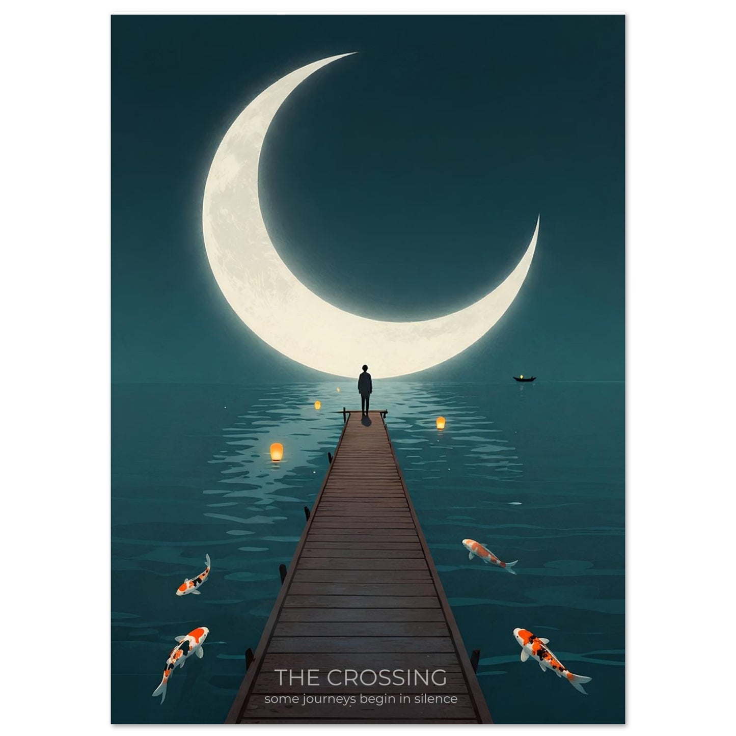 Close-up of The Crossing poster featuring a wooden pier leading toward a giant crescent moon over tranquil water with koi fish below.