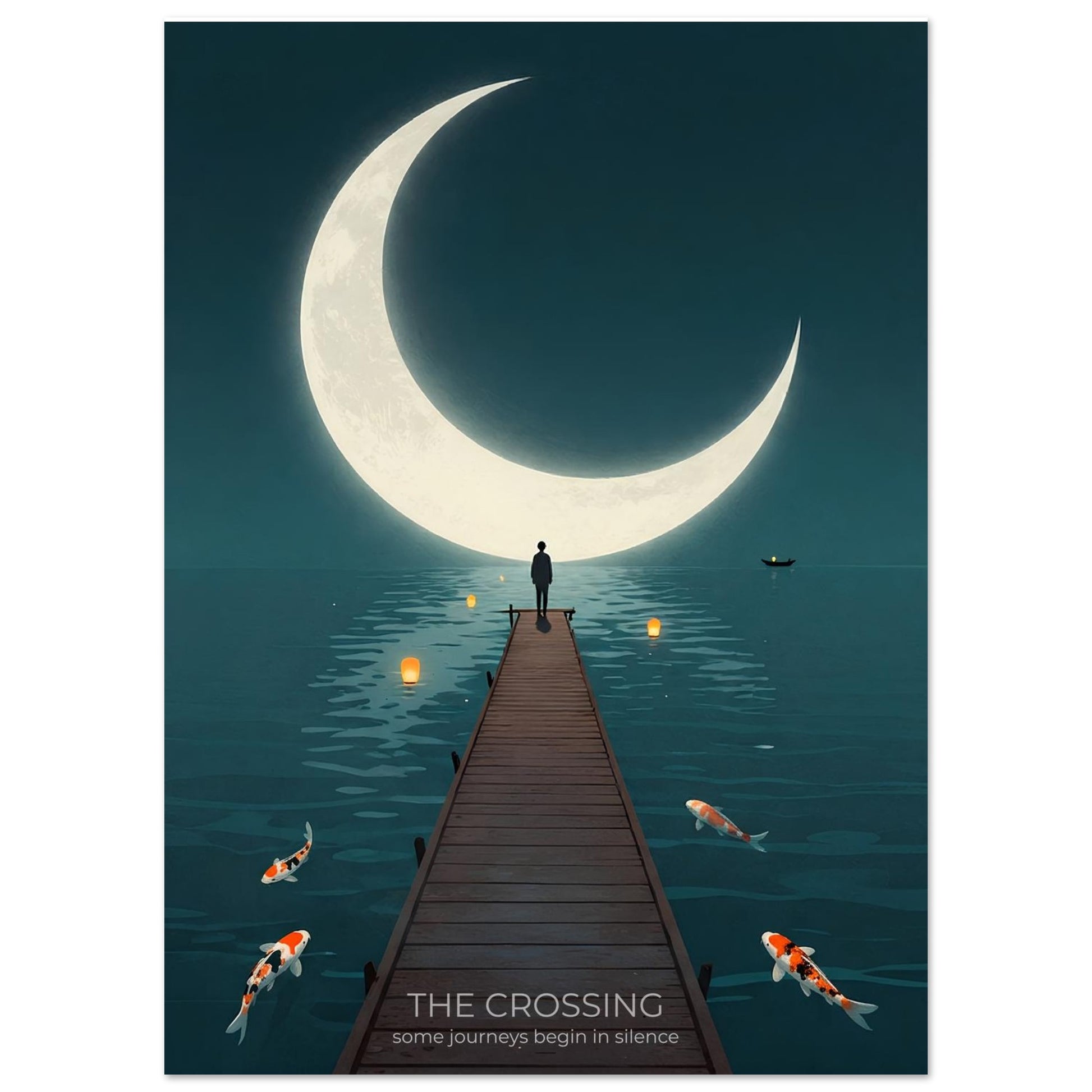 Close-up of The Crossing poster featuring a wooden pier leading toward a giant crescent moon over tranquil water with koi fish below.