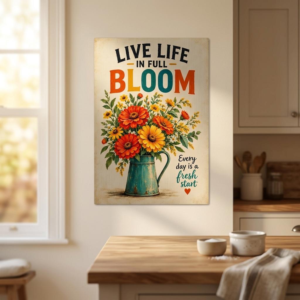 A vertical metal wall art print featuring a colorful floral bouquet in a teal pitcher with the text 'LIVE LIFE IN FULL BLOOM' and 'Every day is a fresh start', displayed on a kitchen wall above a wooden counter.