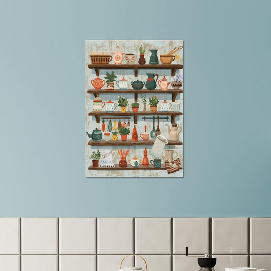 Boho kitchen wall art print with plants and teapots on wooden shelves