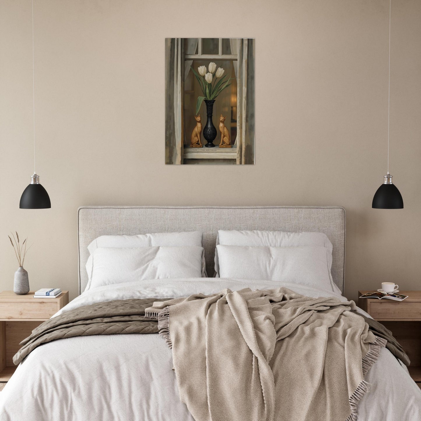 Tulip window still life poster displayed above bed in calm bedroom interior