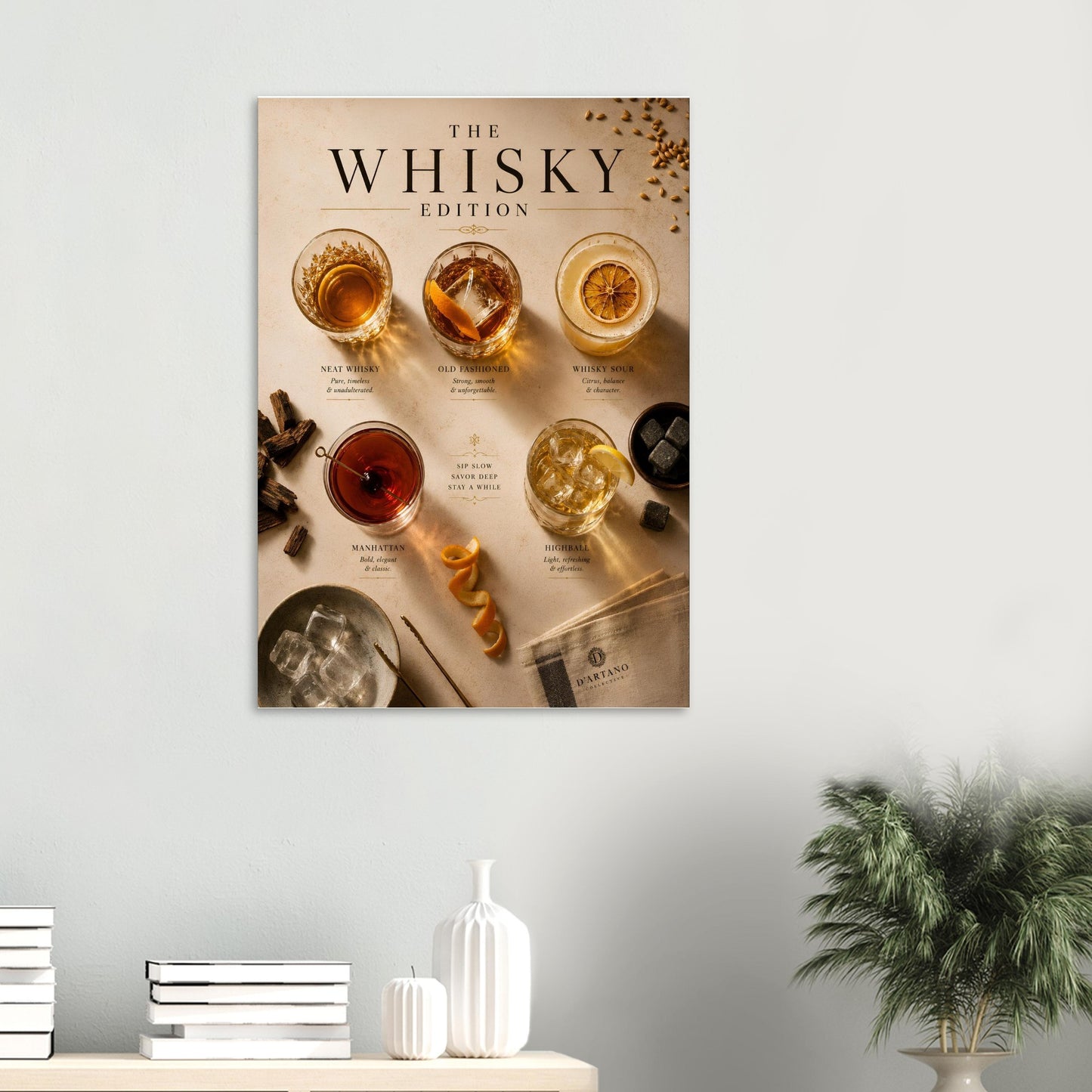 Poster titled 'The Whisky Edition' with images of whisky glasses and bottles on a neutral background.