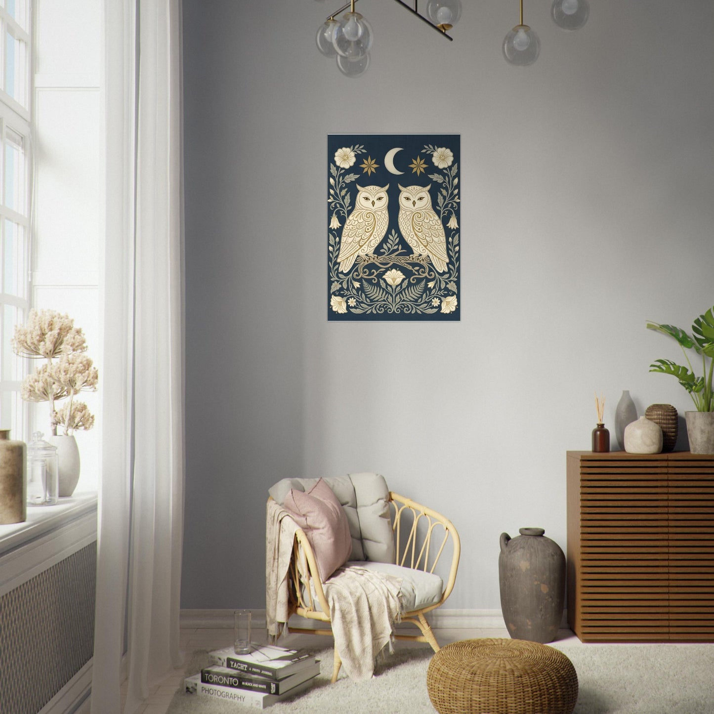Owls & Moonflowers decorative owl poster displayed in a cosy reading corner with warm lighting and cottagecore-inspired furnishings.