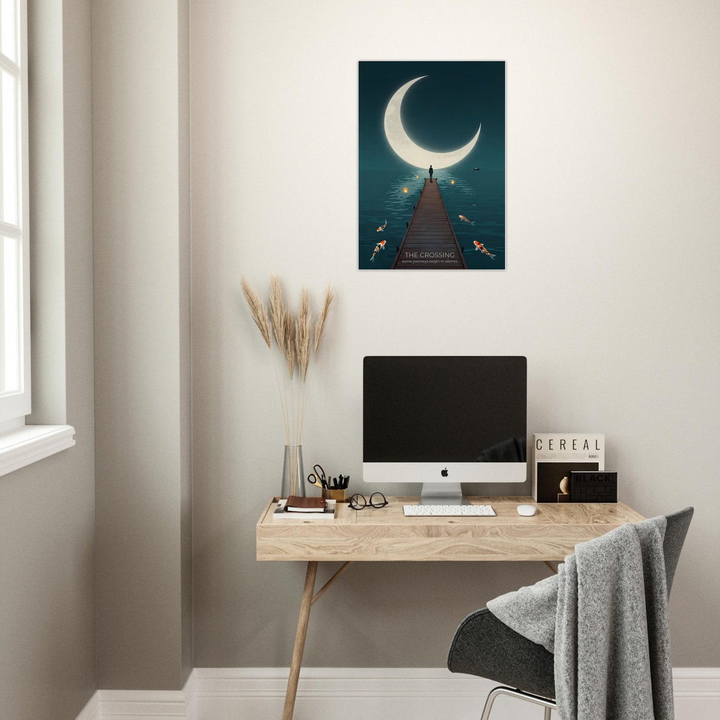 Moon wall art displayed above a home office desk, adding a calming night-time atmosphere with teal water and glowing moonlight.