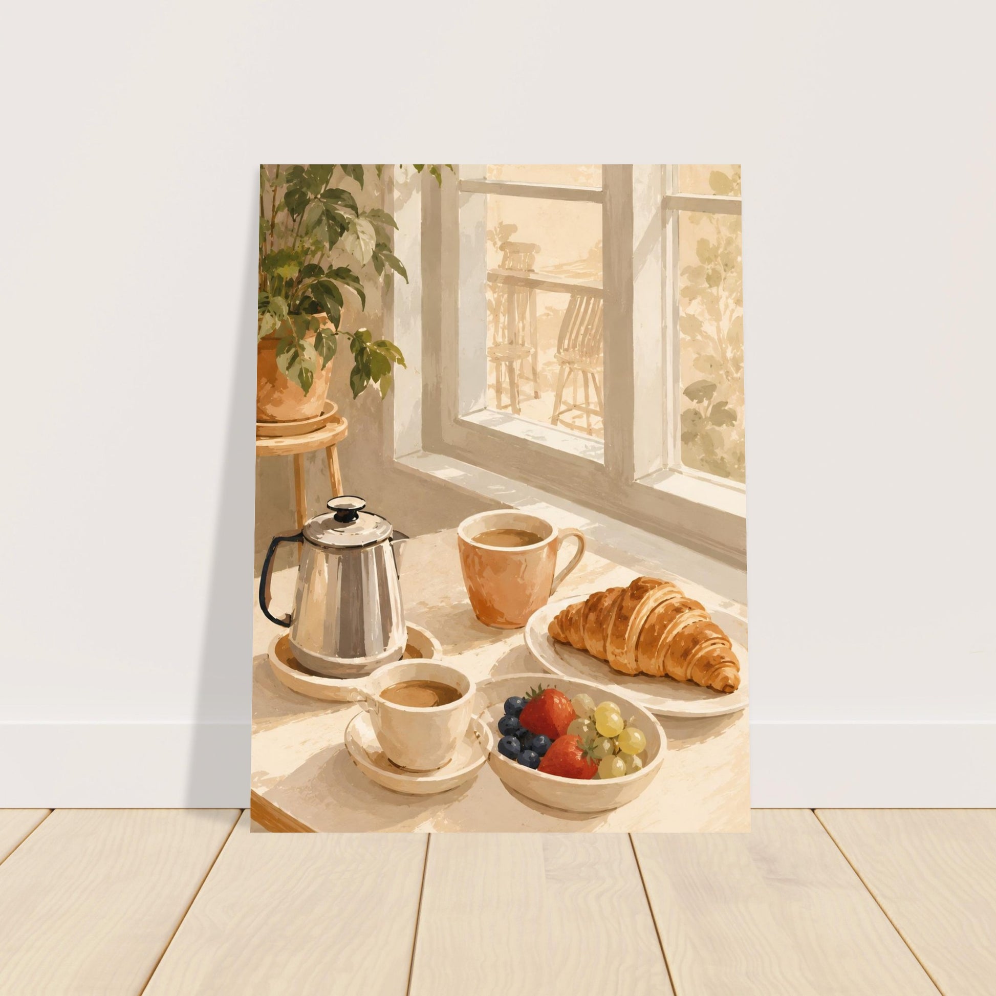 Café setting poster with coffee cups, a croissant, and fruit on a table by a window.