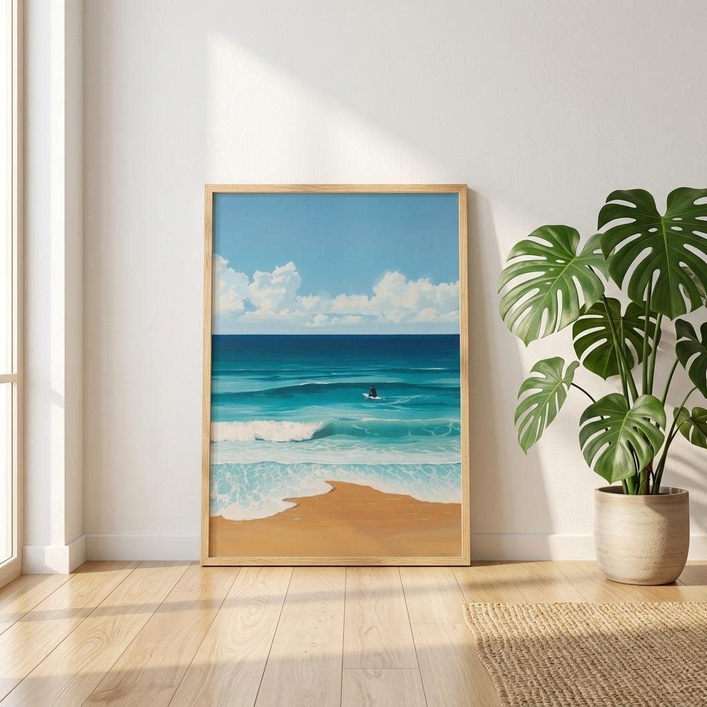 ocean surf wall art in bright living room
