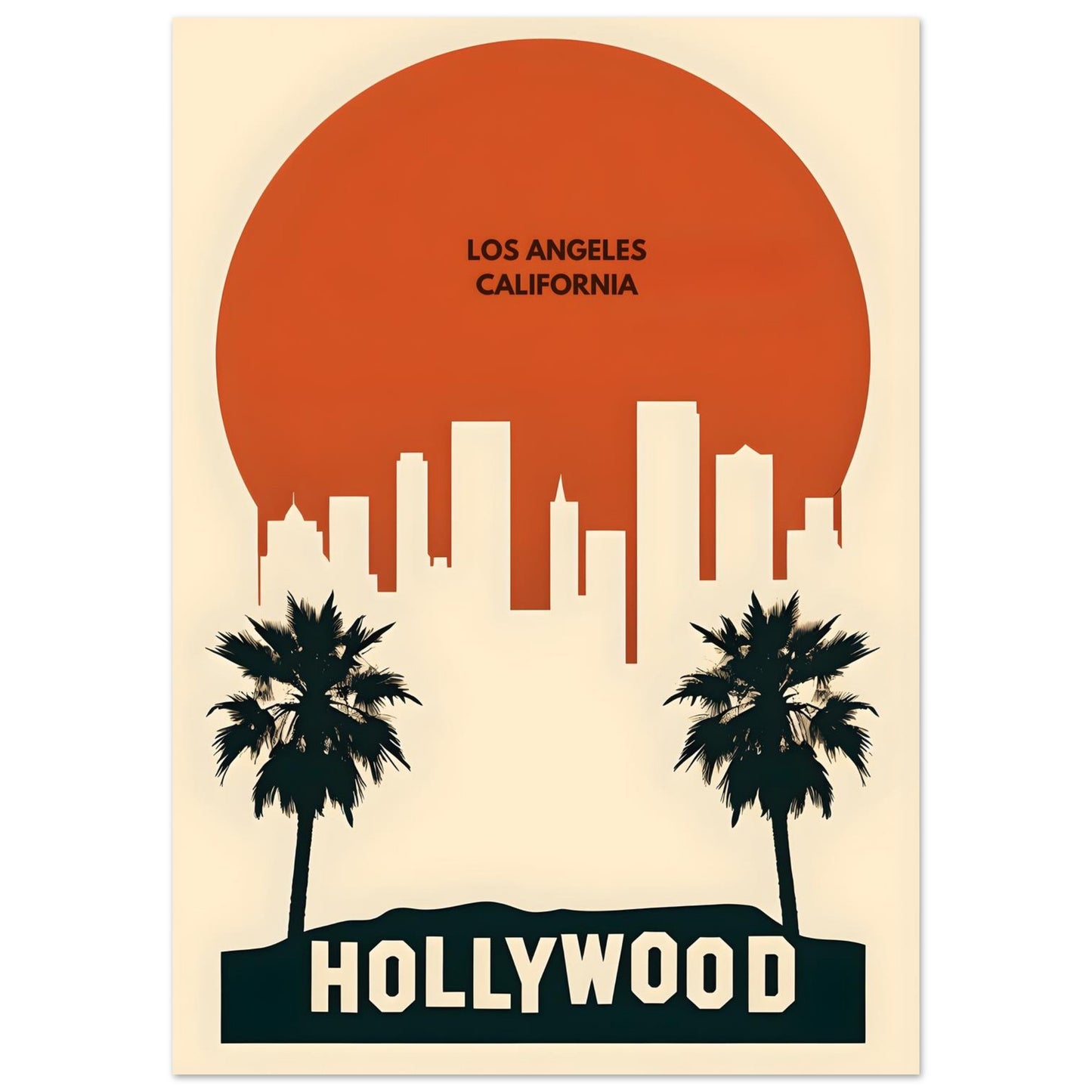 Poster of Los Angeles with skyline, palm trees, and 'Hollywood' text.