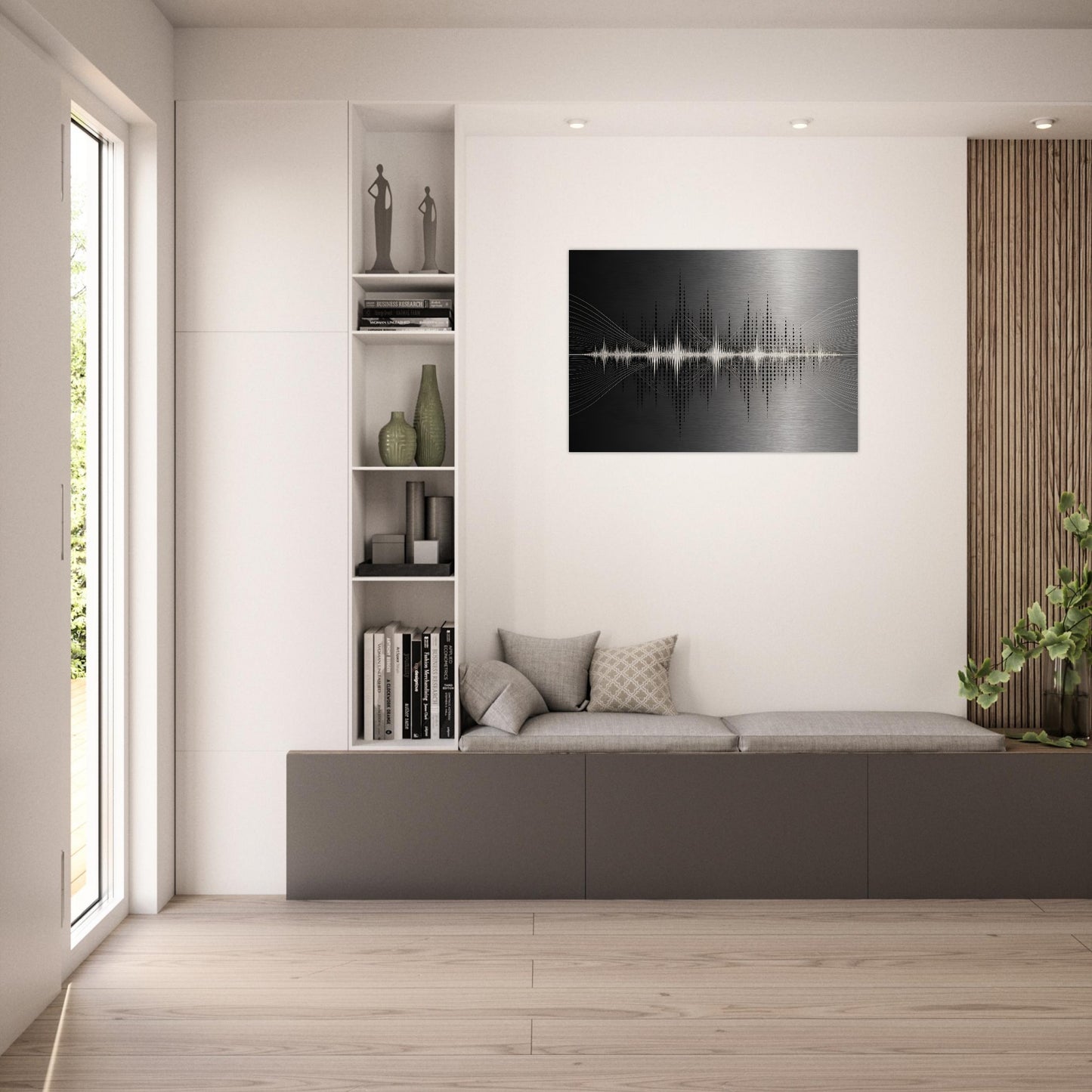 Black and silver abstract soundwave metal artwork displayed above a dark sofa in a contemporary living room.
