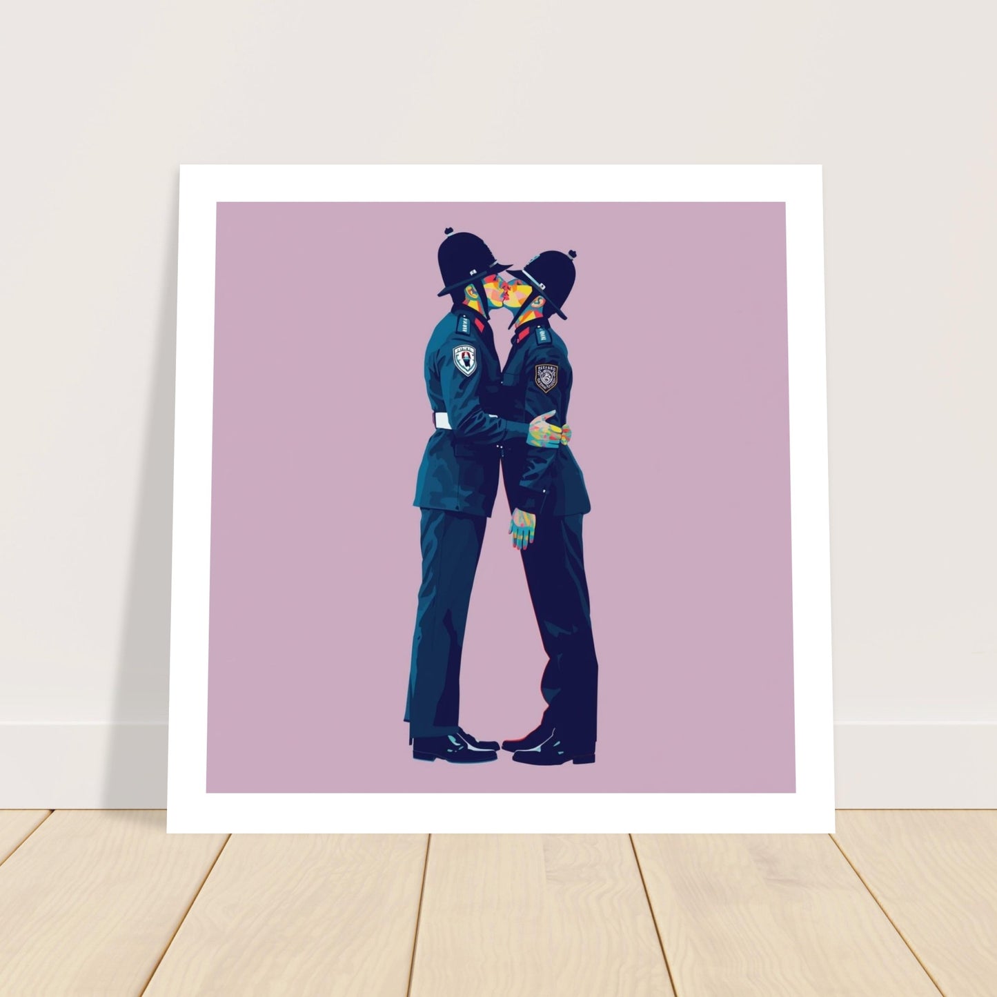 Framed artwork of two police officers kissing on a purple background