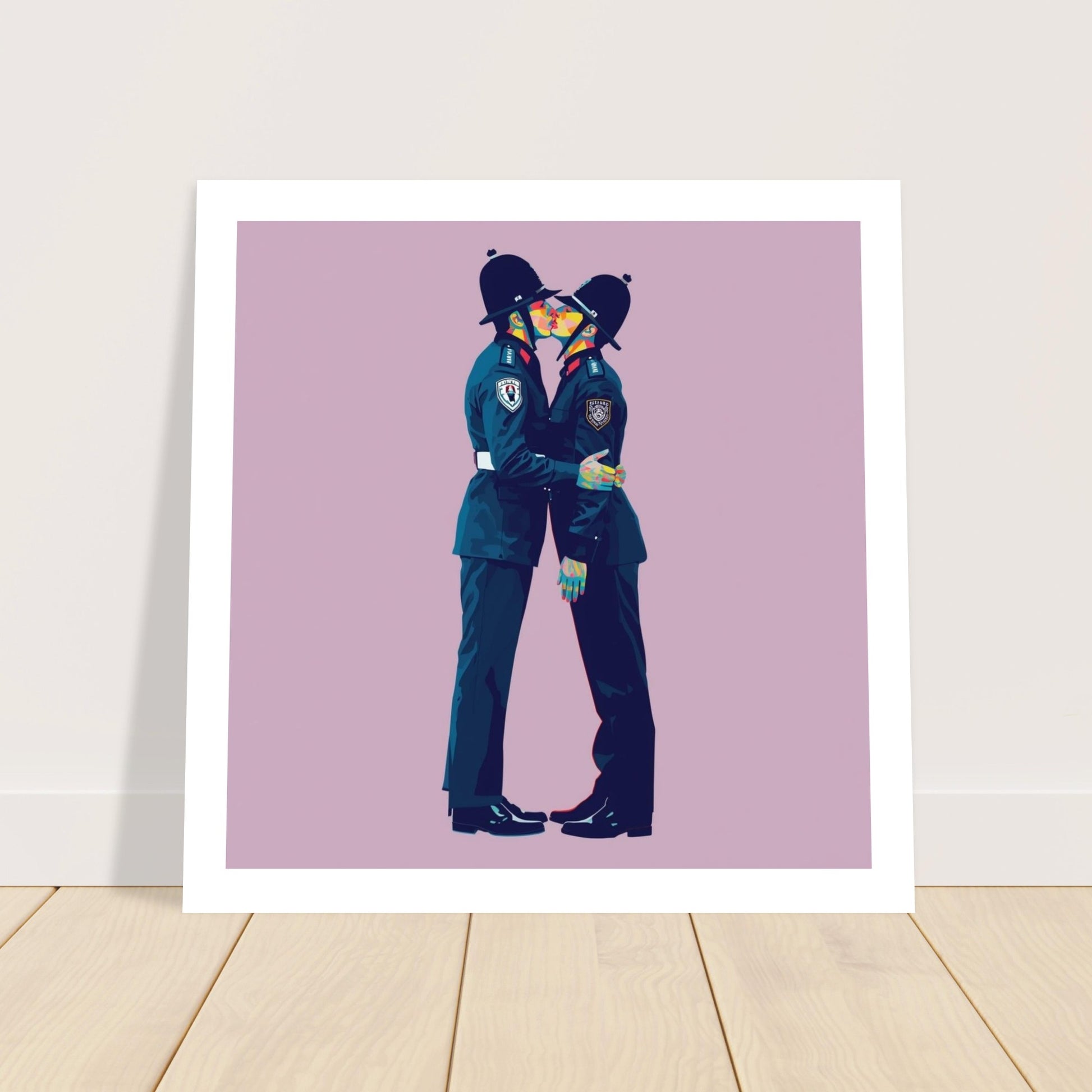Framed artwork of two police officers kissing on a purple background