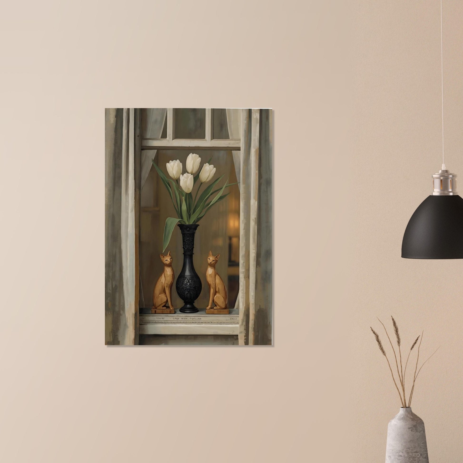 Framed artwork of two cats with a vase of tulips on a beige wall.
